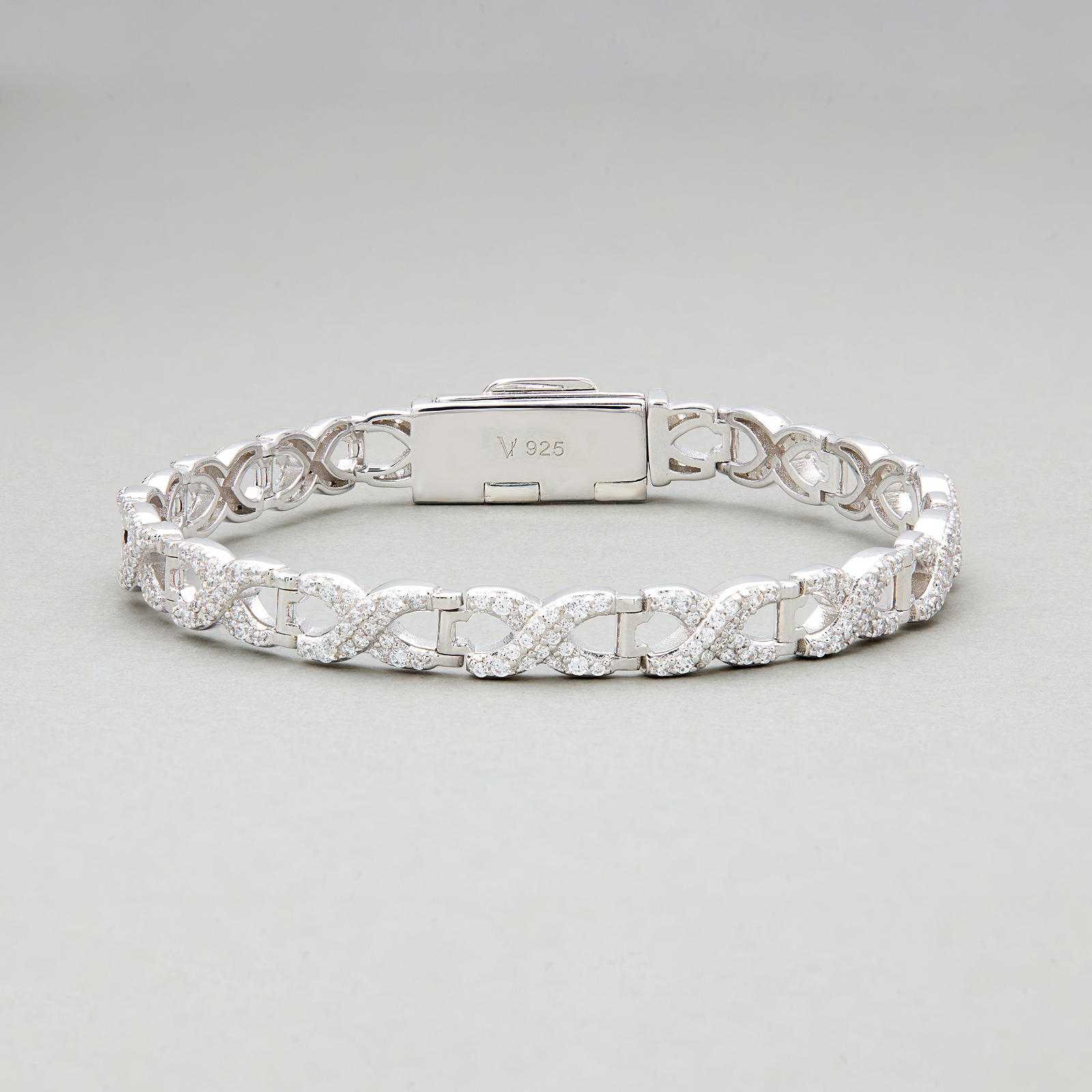Infinity Link Bracelet with Pave Box Clasp - Silver