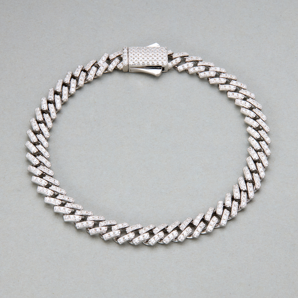 Angular Cuban Link Bracelet with Pave Clasp - Silver