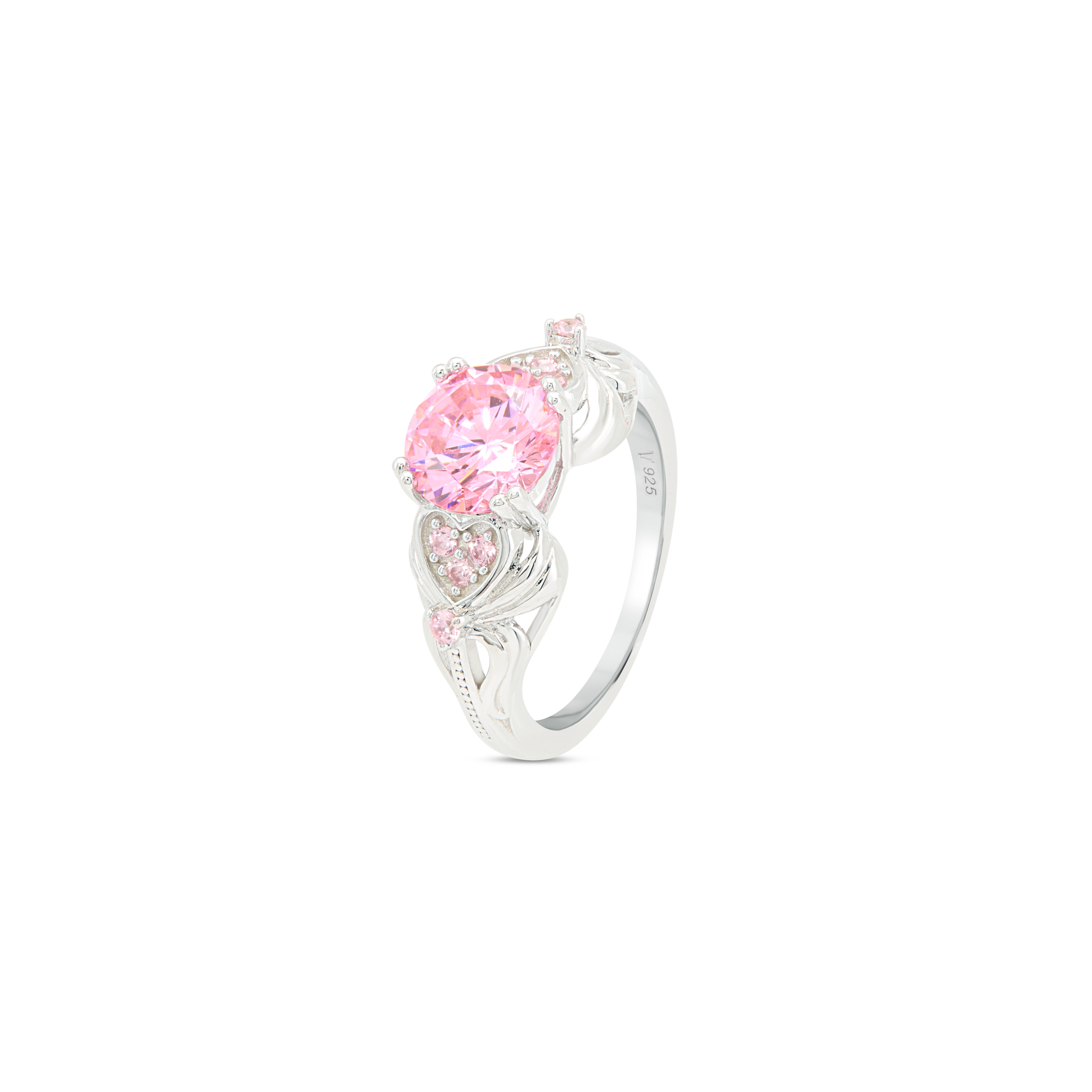 Floral Vine Pink CZ Solitaire Ring - Silver