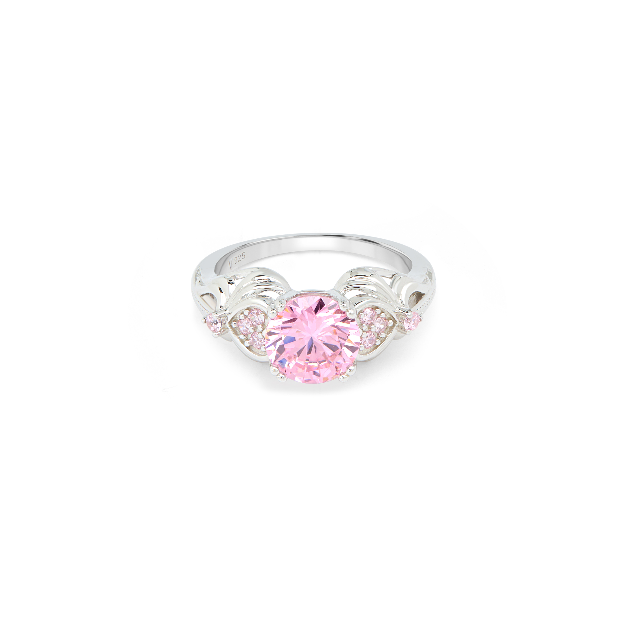 Floral Vine Pink CZ Solitaire Ring - Silver