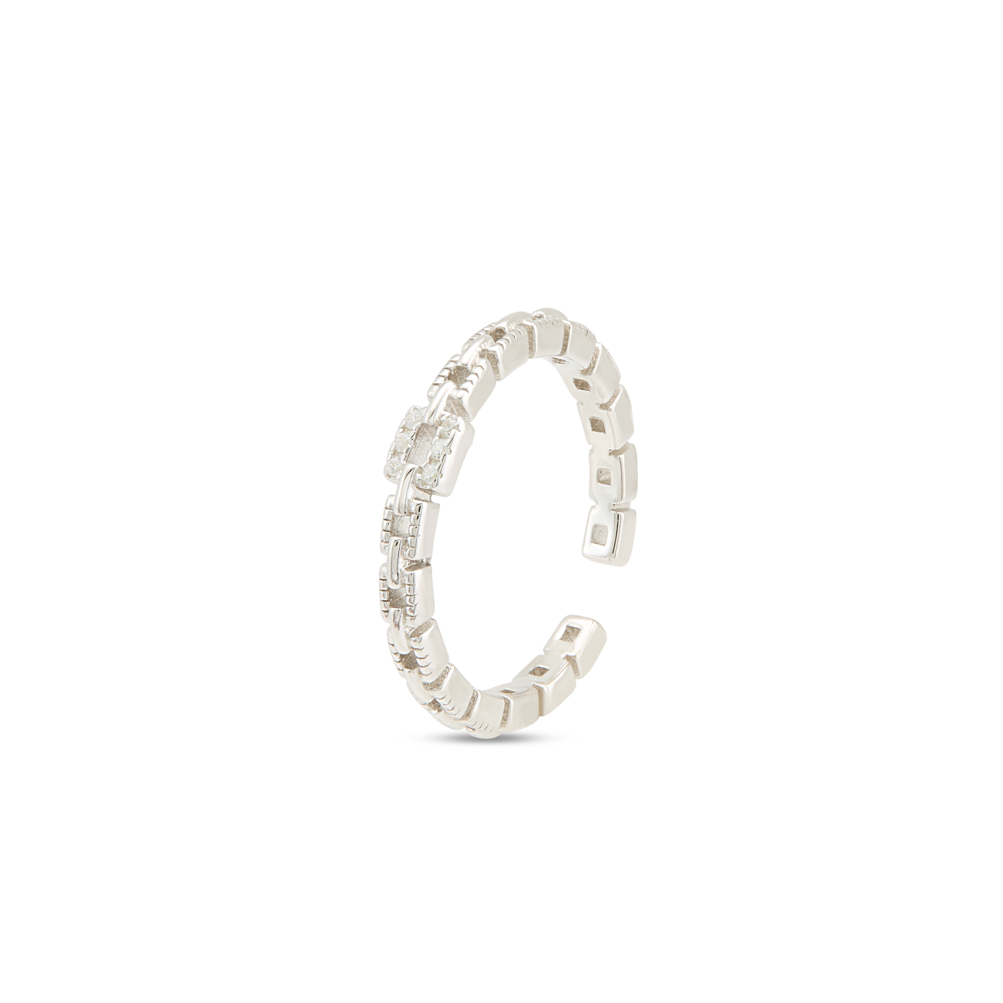 CZ Link Chain Open Cuff Band Ring - Silver