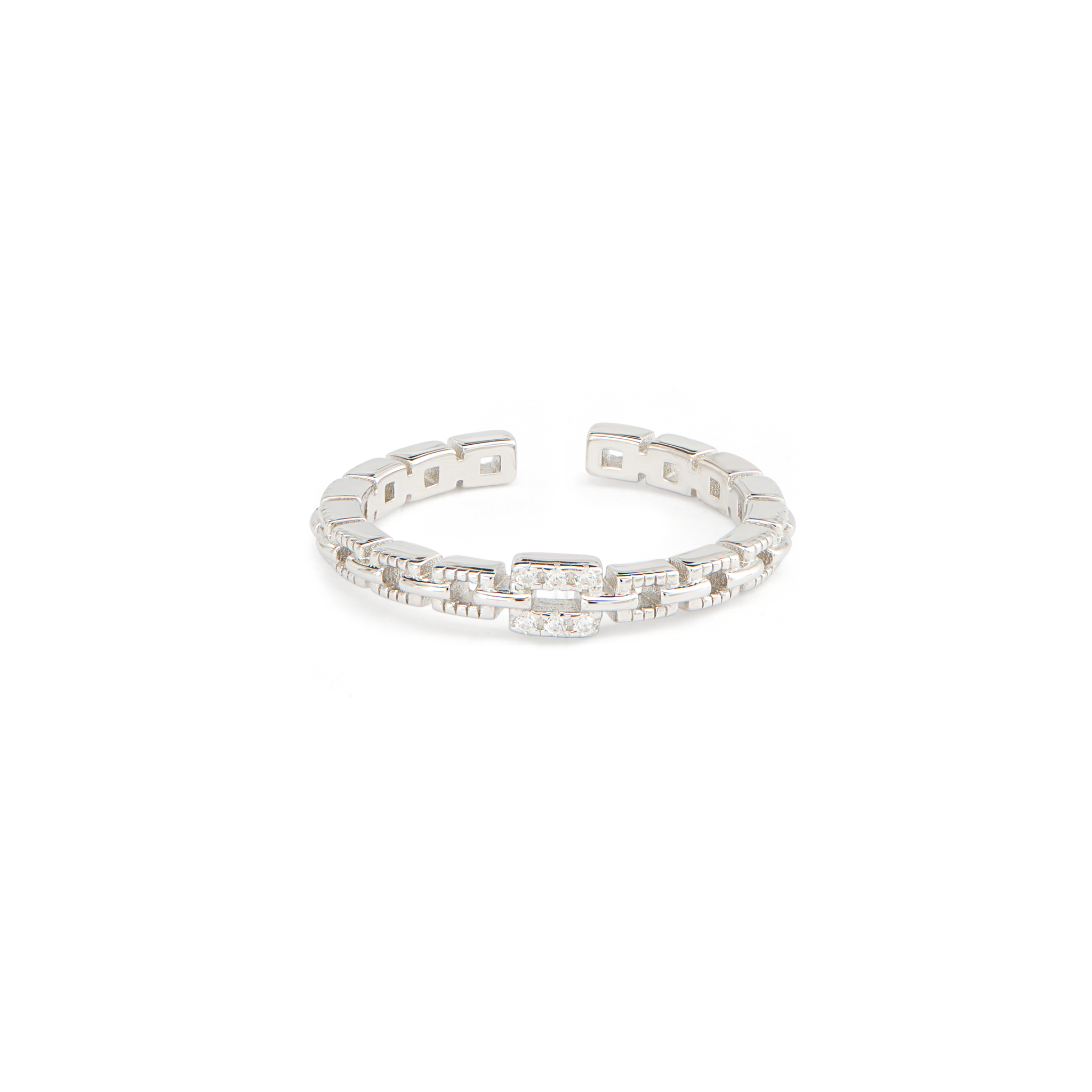 CZ Link Chain Open Cuff Band Ring - Silver