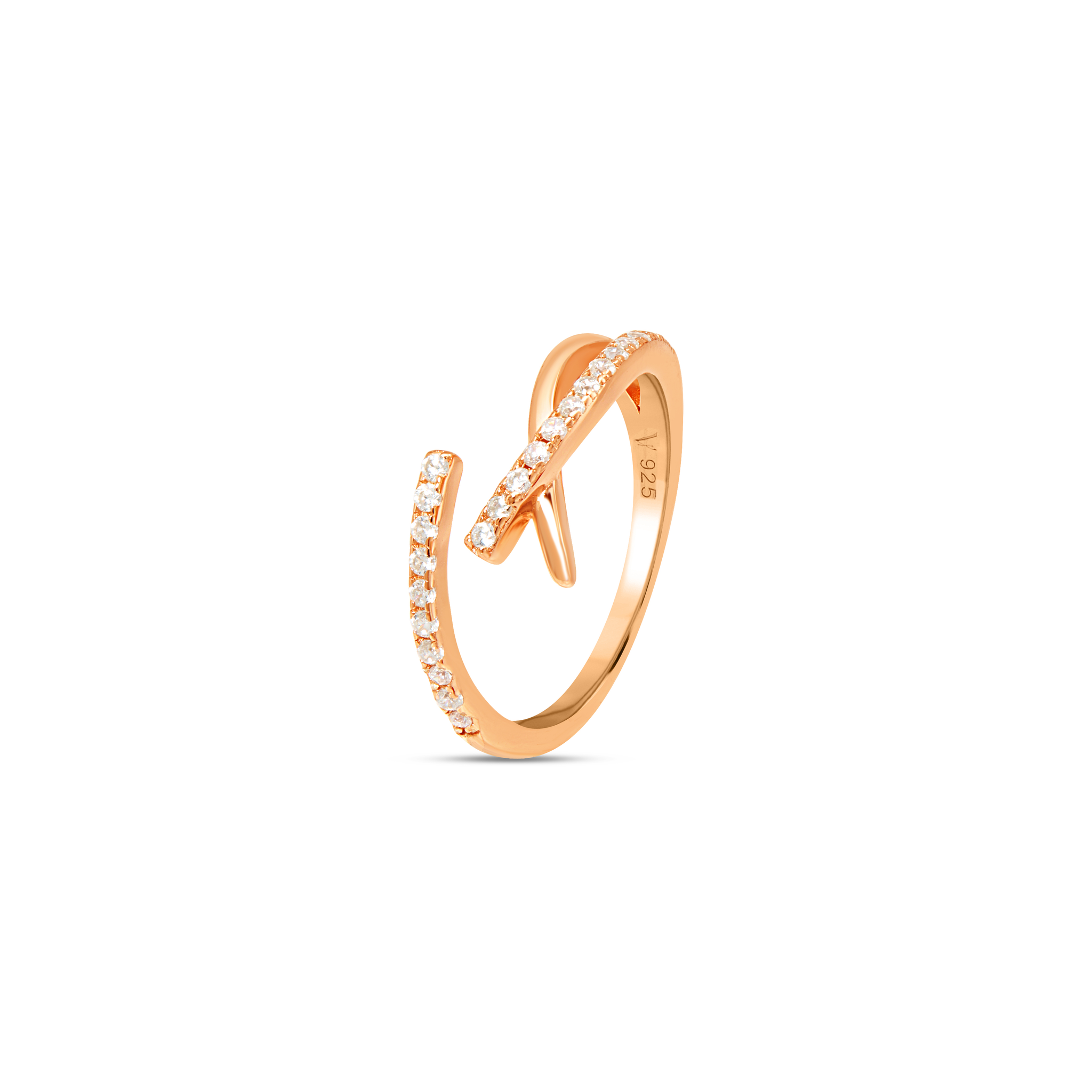 CZ Bypass Asymmetric Open Cuff Ring - Rose Gold