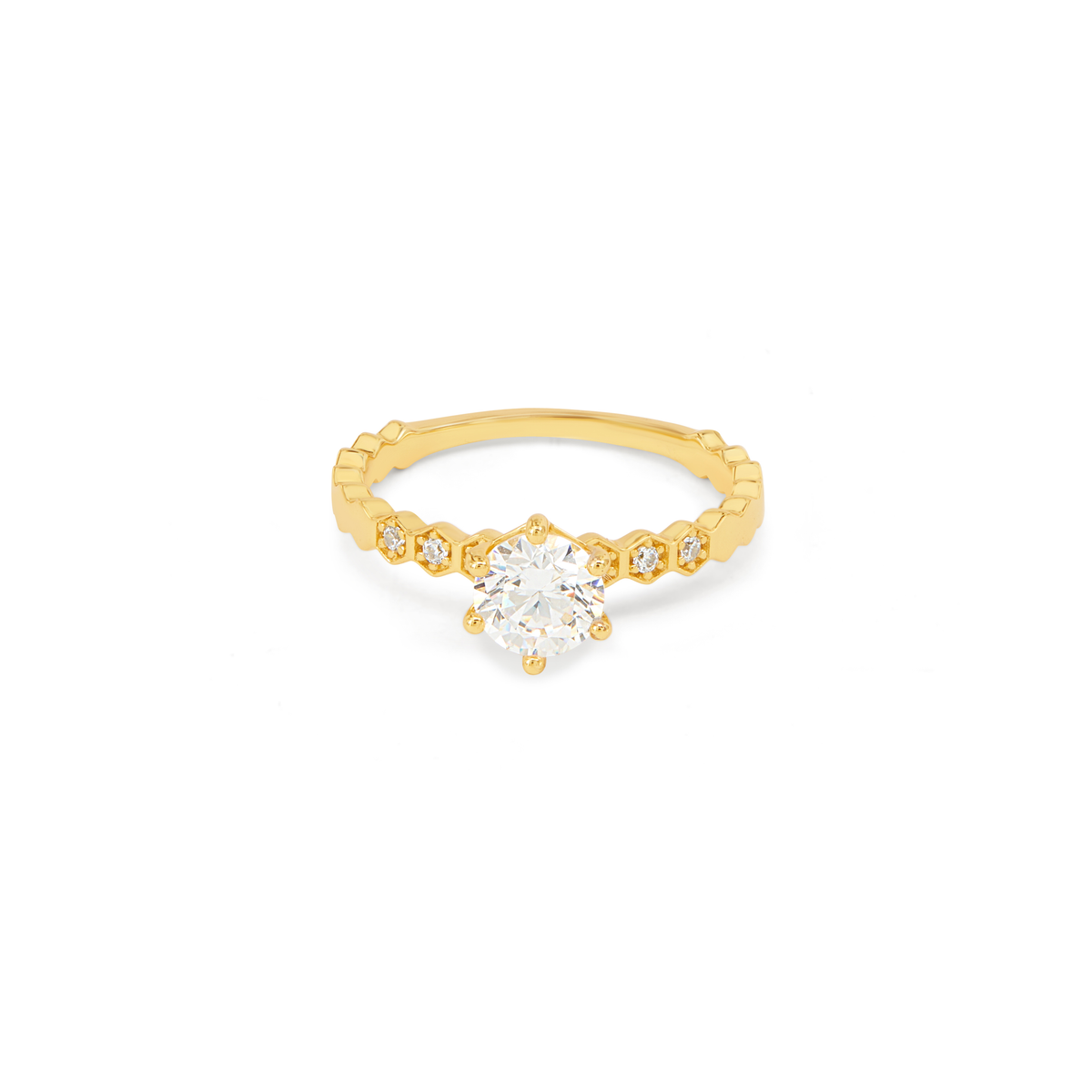 Pink CZ Hexagon Shank Solitaire Ring - Gold