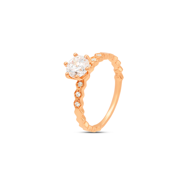 Pink CZ Hexagon Shank Solitaire Ring - Rose Gold