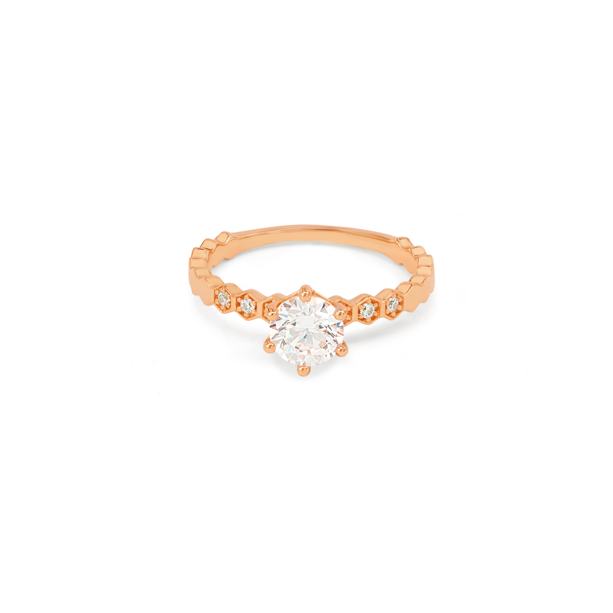 Pink CZ Hexagon Shank Solitaire Ring - Rose Gold