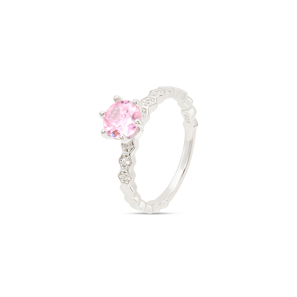 Pink CZ Hexagon Shank Solitaire Ring - Silver