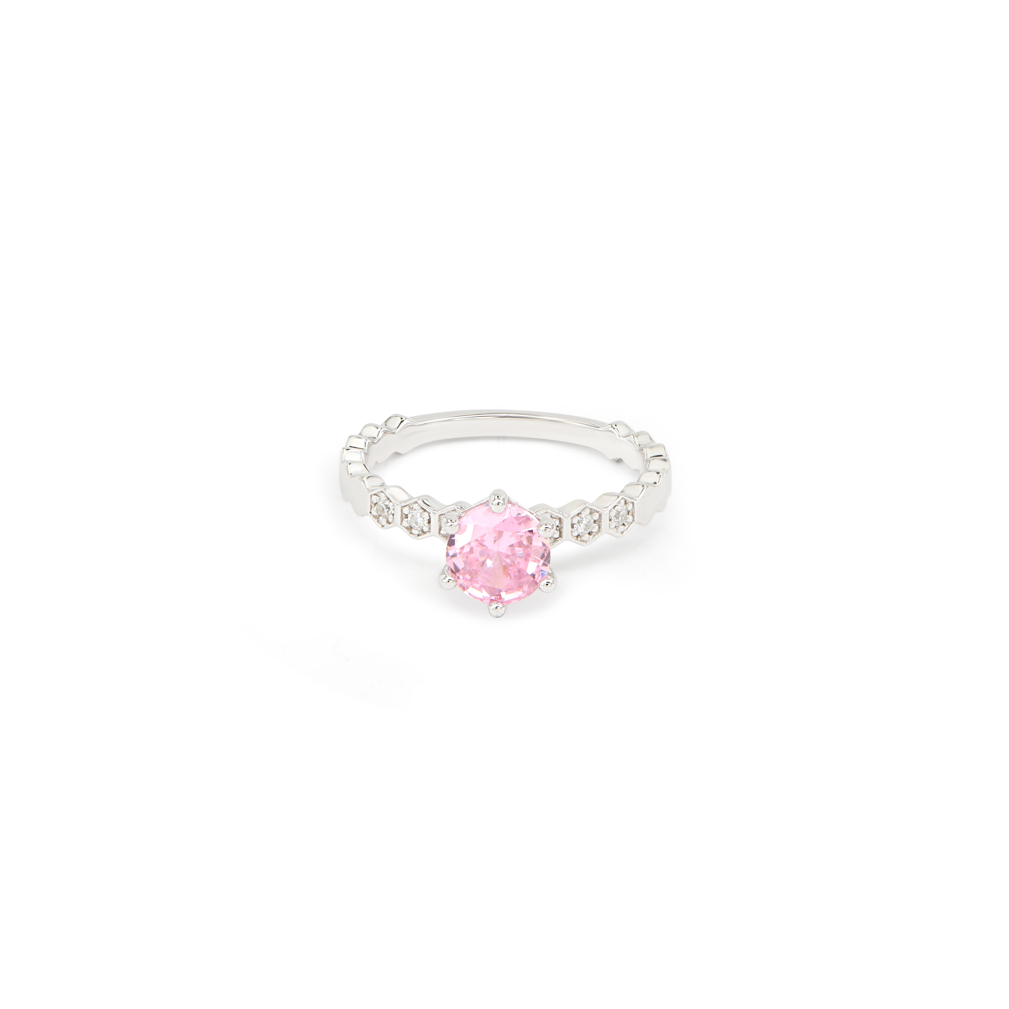 Pink CZ Hexagon Shank Solitaire Ring - Silver
