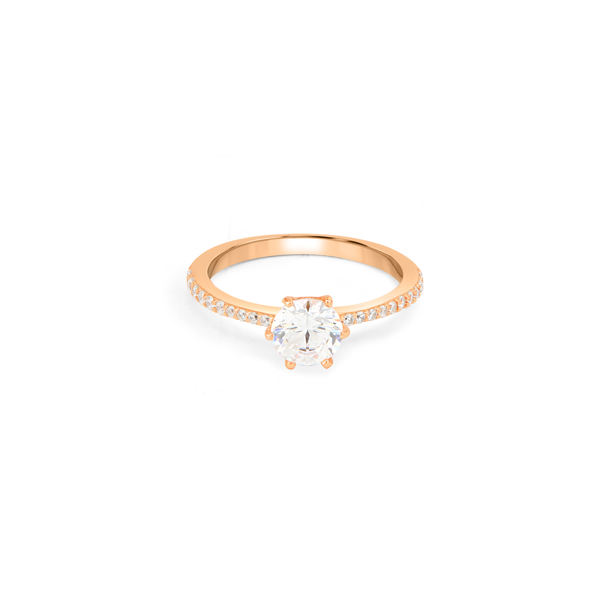 Pink CZ Pavé Shank Solitaire Ring - Rose Gold