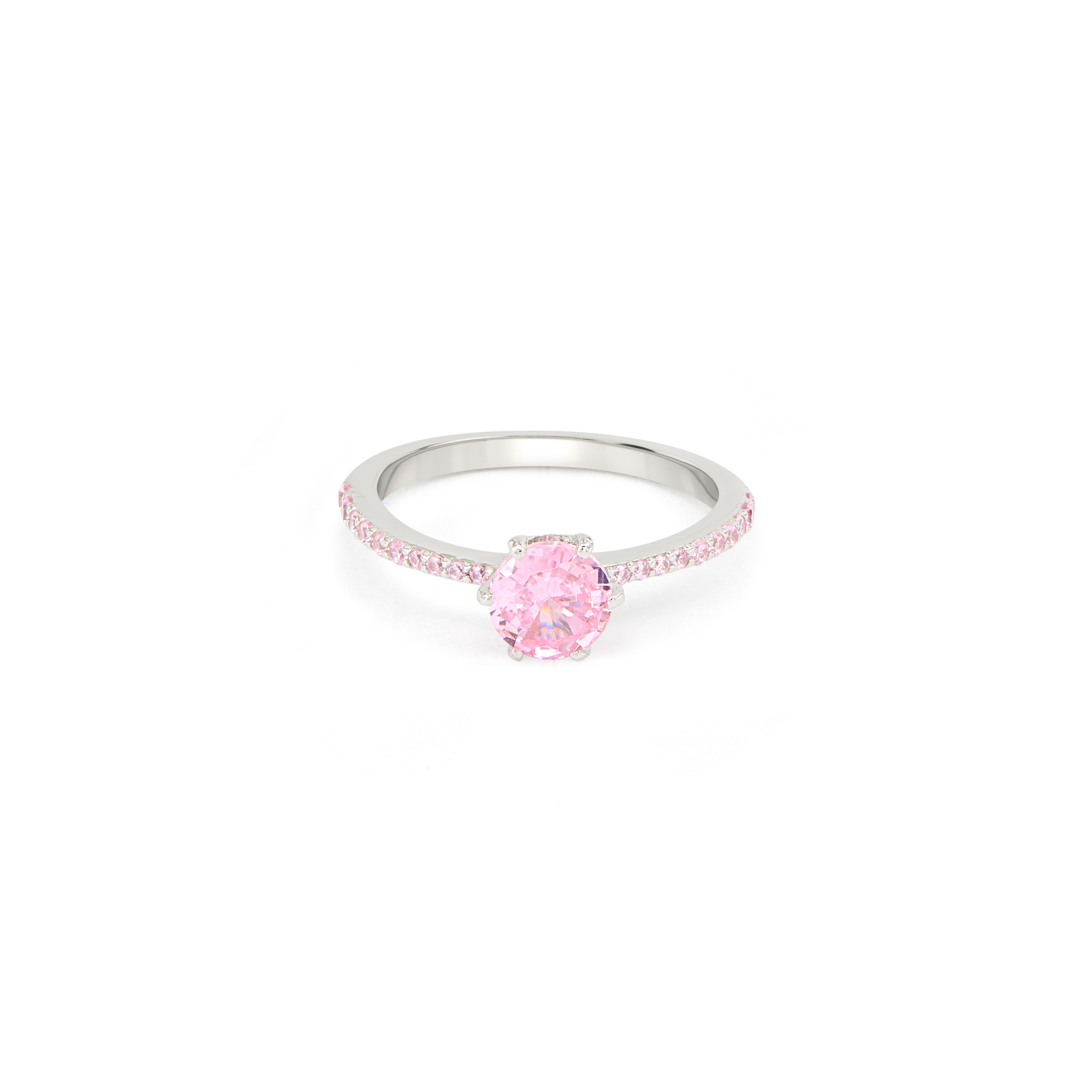 Pink CZ Pavé Shank Solitaire Ring - Silver