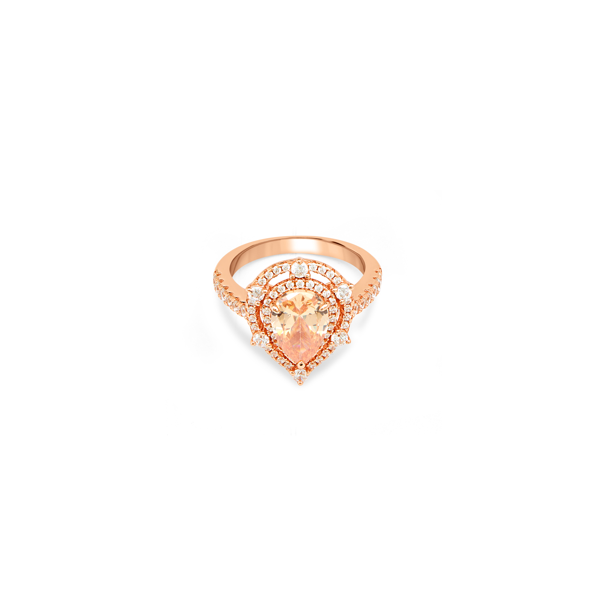 Blue Aqua Pear CZ Double Halo Ring - Rose Gold