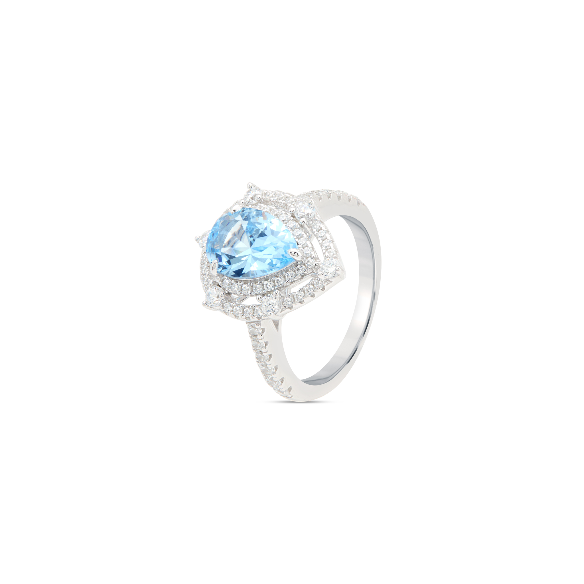 Blue Aqua Pear CZ Double Halo Ring - Silver