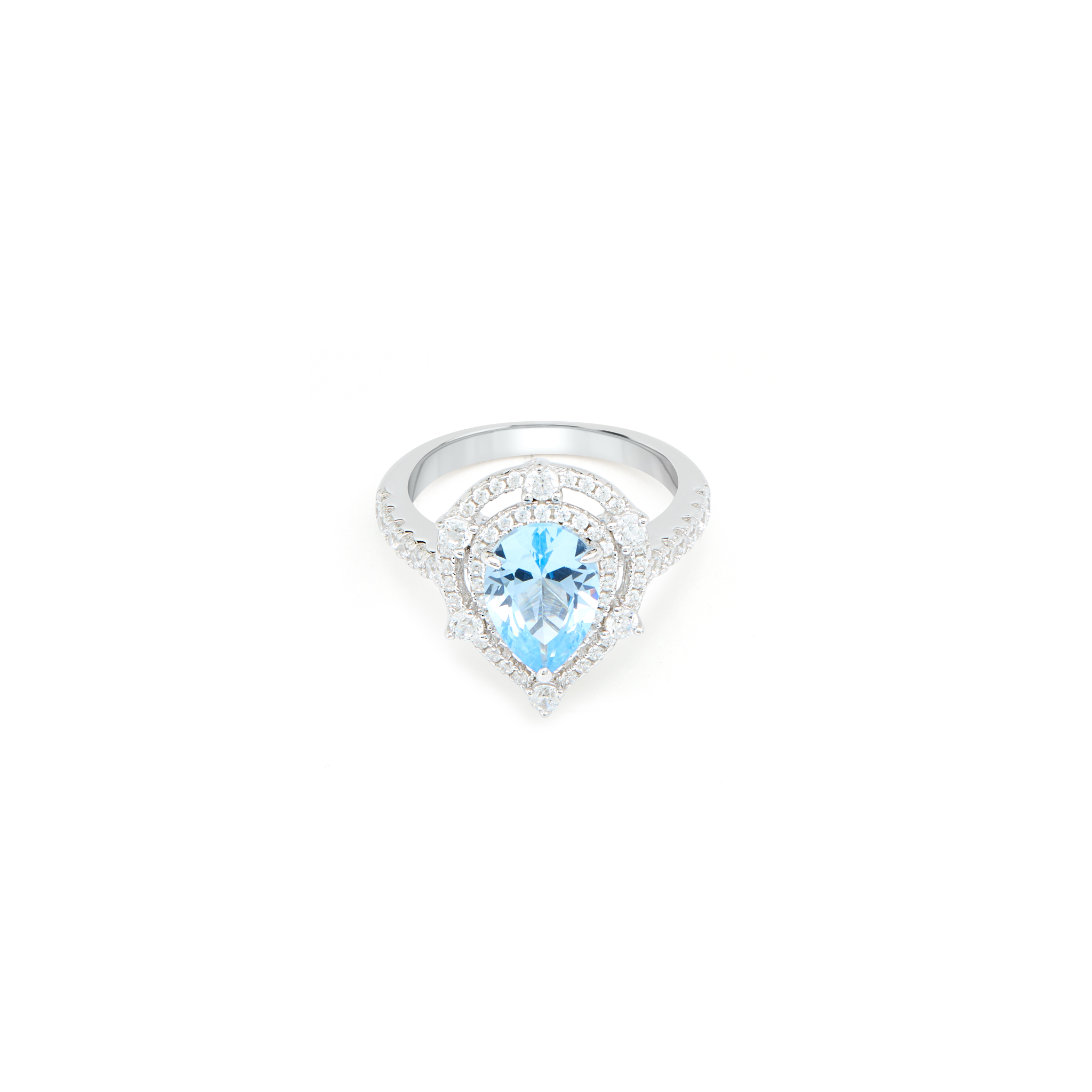 Blue Aqua Pear CZ Double Halo Ring - Silver