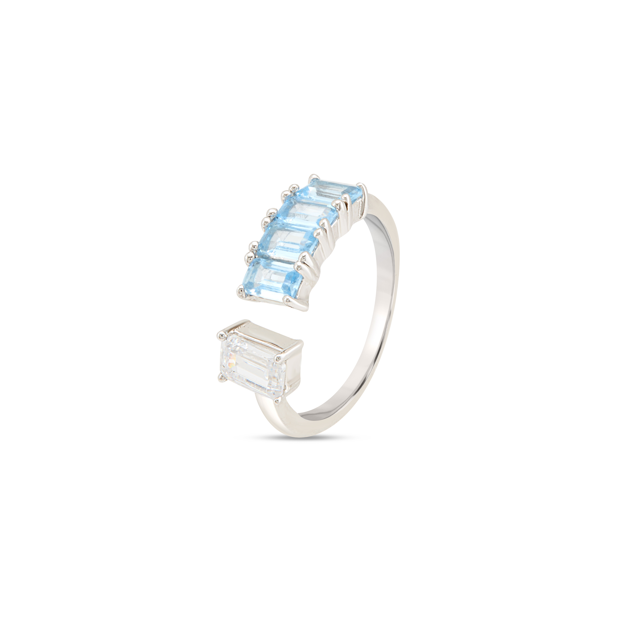 Blue Aqua Baguette Open Cuff Ring - Silver
