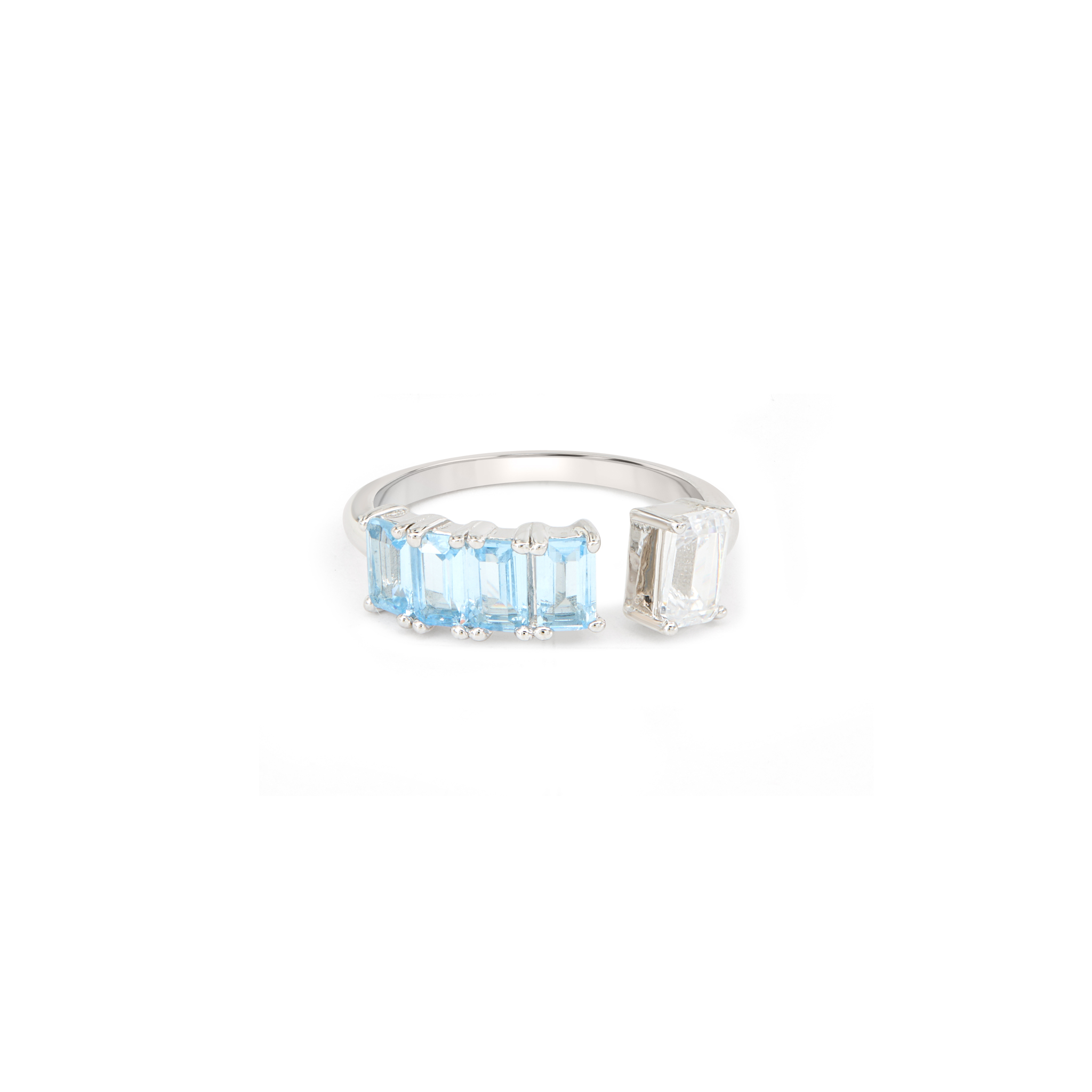Blue Aqua Baguette Open Cuff Ring - Silver