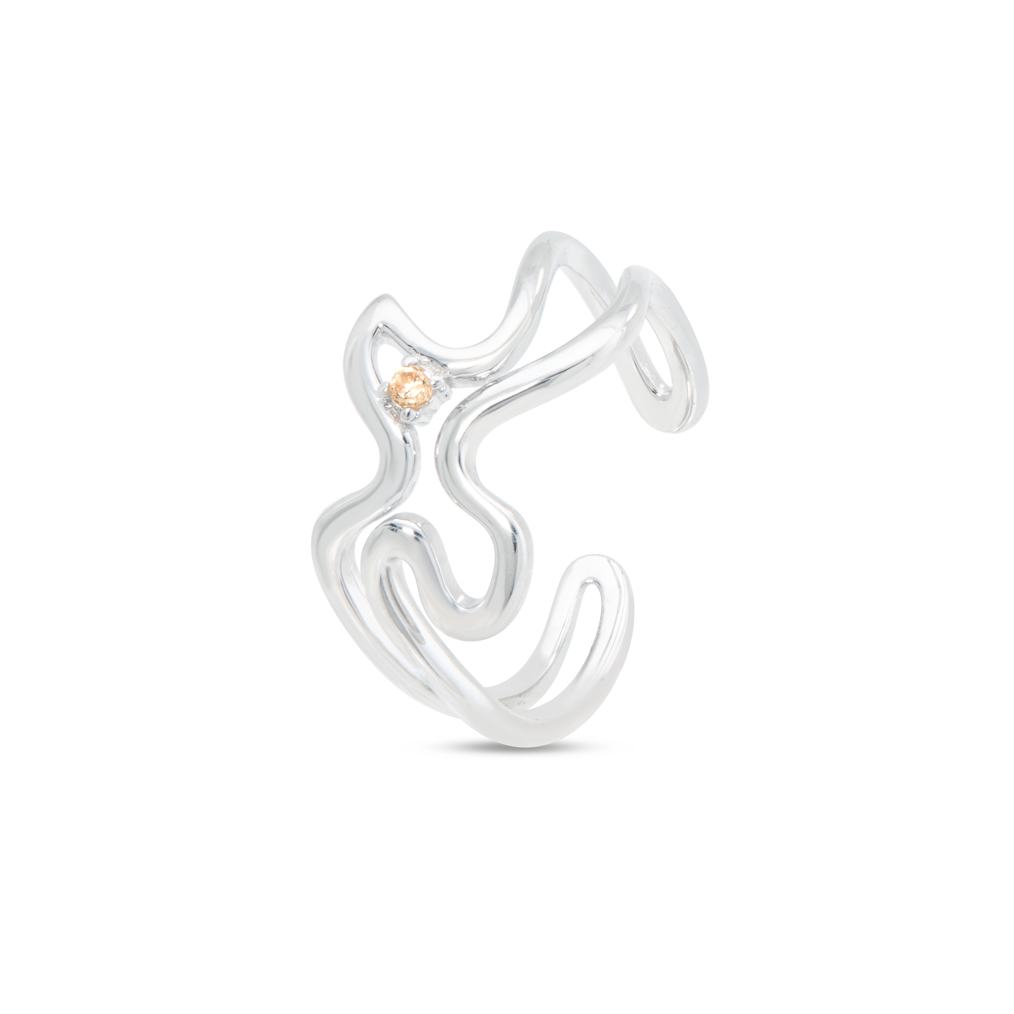 Abstract Sculptural Wire Ring with Champagne CZ - Silver