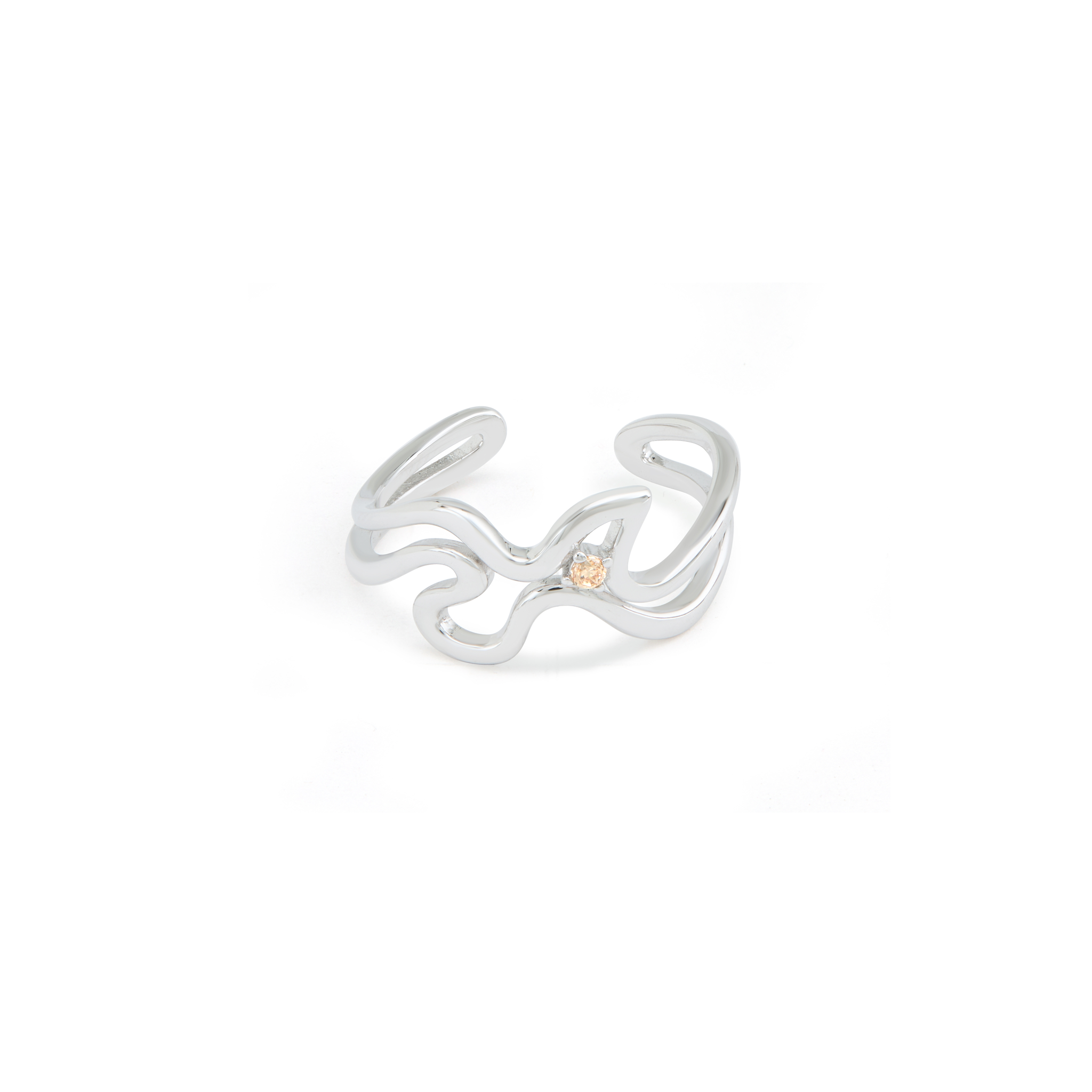 Abstract Sculptural Wire Ring with Champagne CZ - Silver