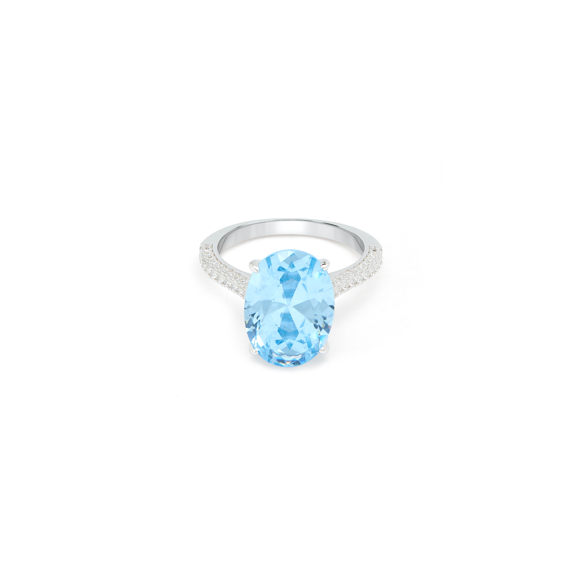 Blue Aqua Oval CZ Split Pavé Shank Ring - Silver