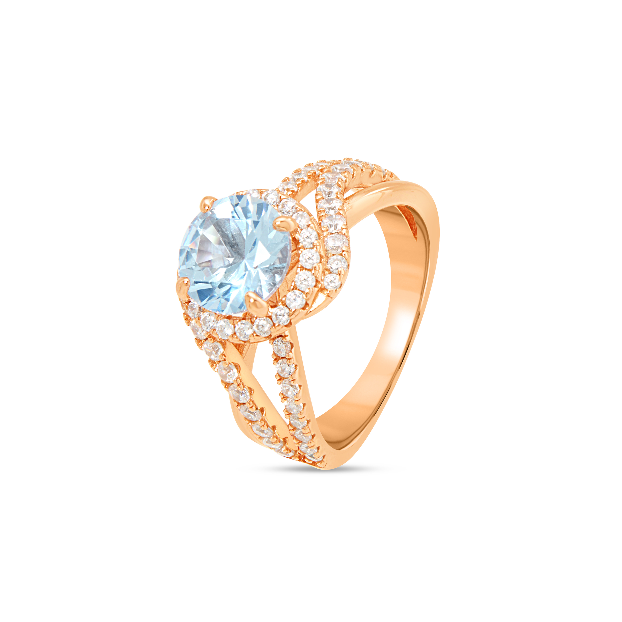 Pink CZ Halo Ring with Double Pavé Split Shank - Rose Gold