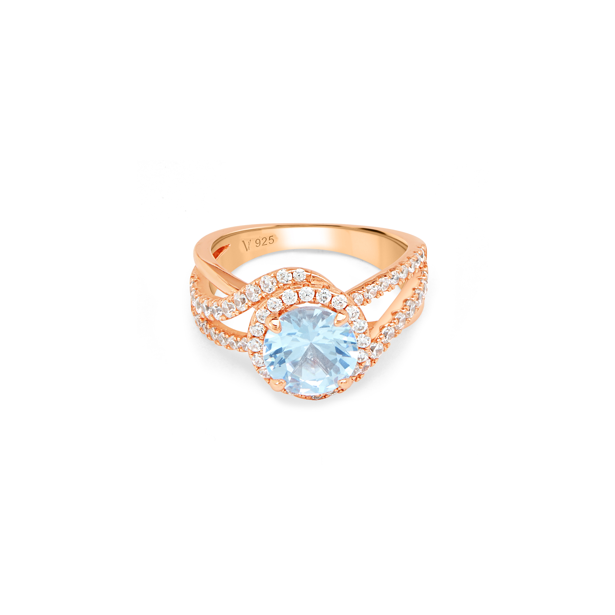 Pink CZ Halo Ring with Double Pavé Split Shank - Rose Gold