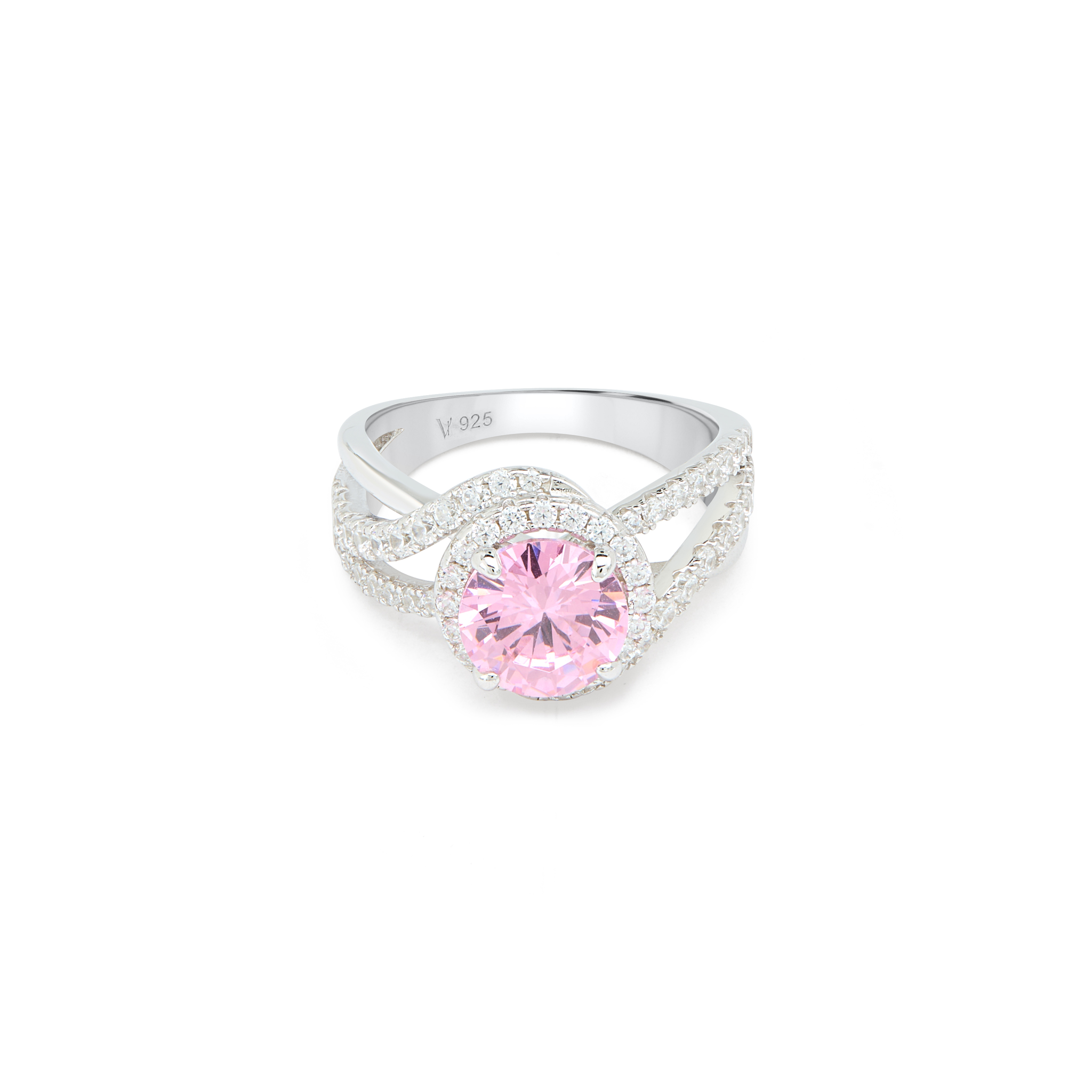 Pink CZ Halo Ring with Double Pavé Split Shank - Silver
