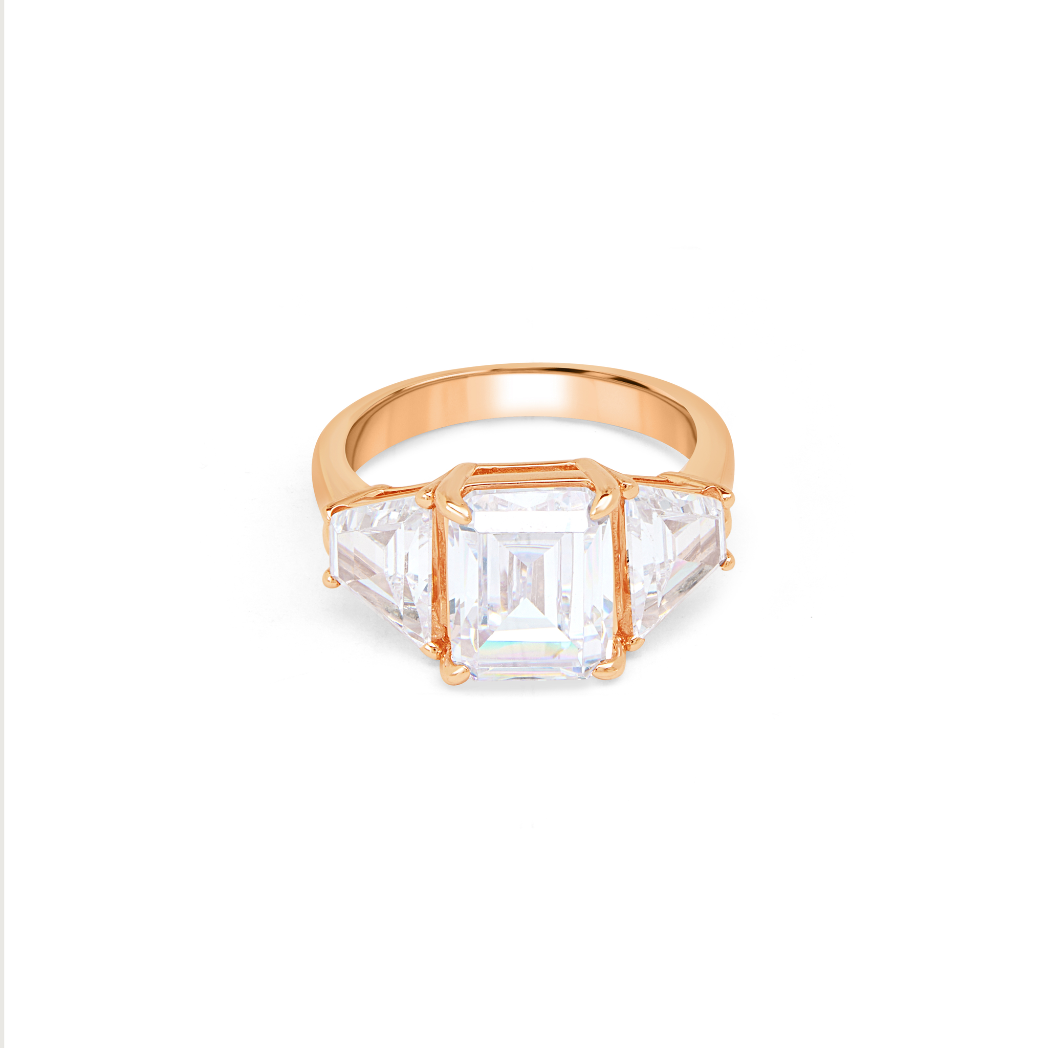 Pink Emerald-Cut CZ Three-Stone Ring - Rose Gold