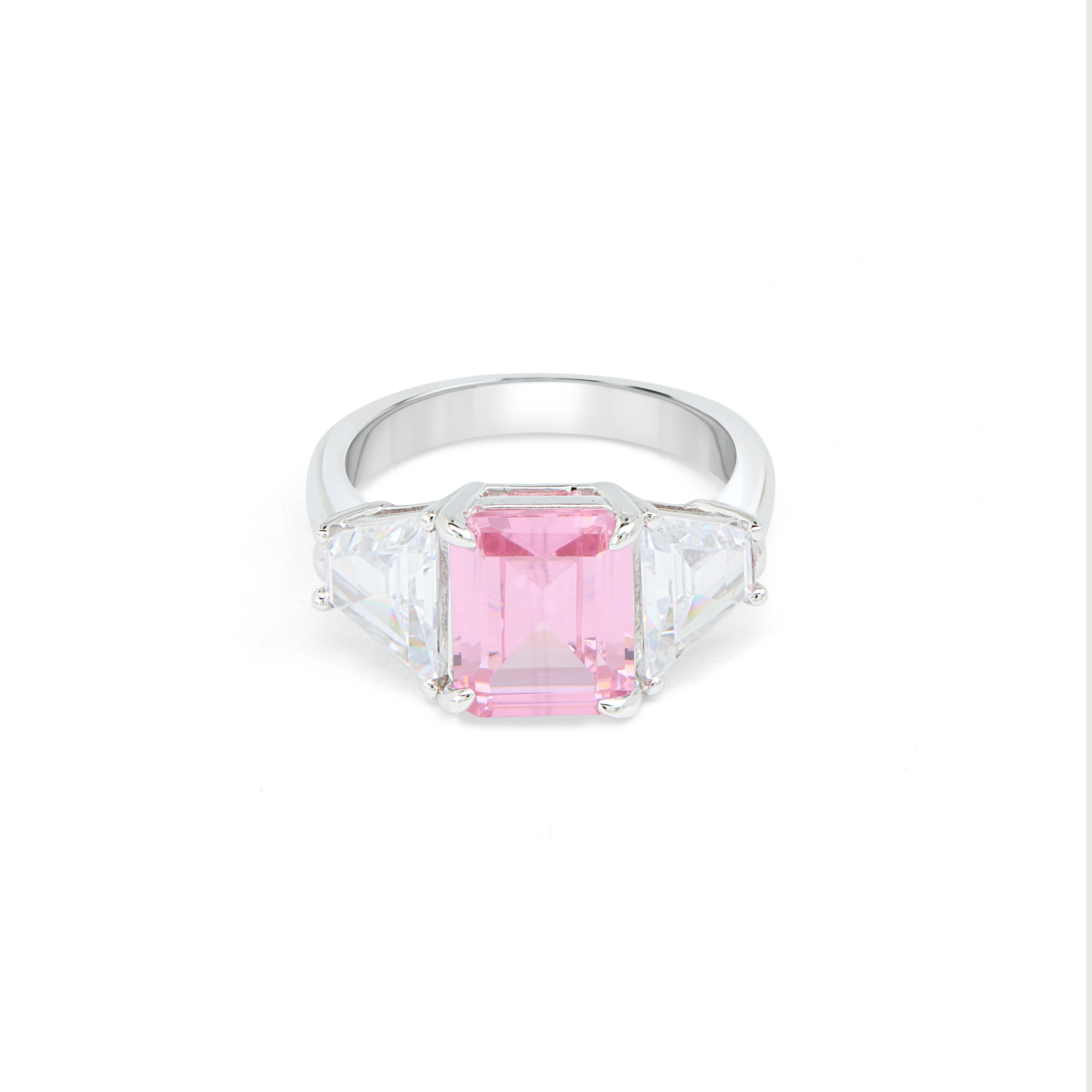 Pink Emerald-Cut CZ Three-Stone Ring - Silver