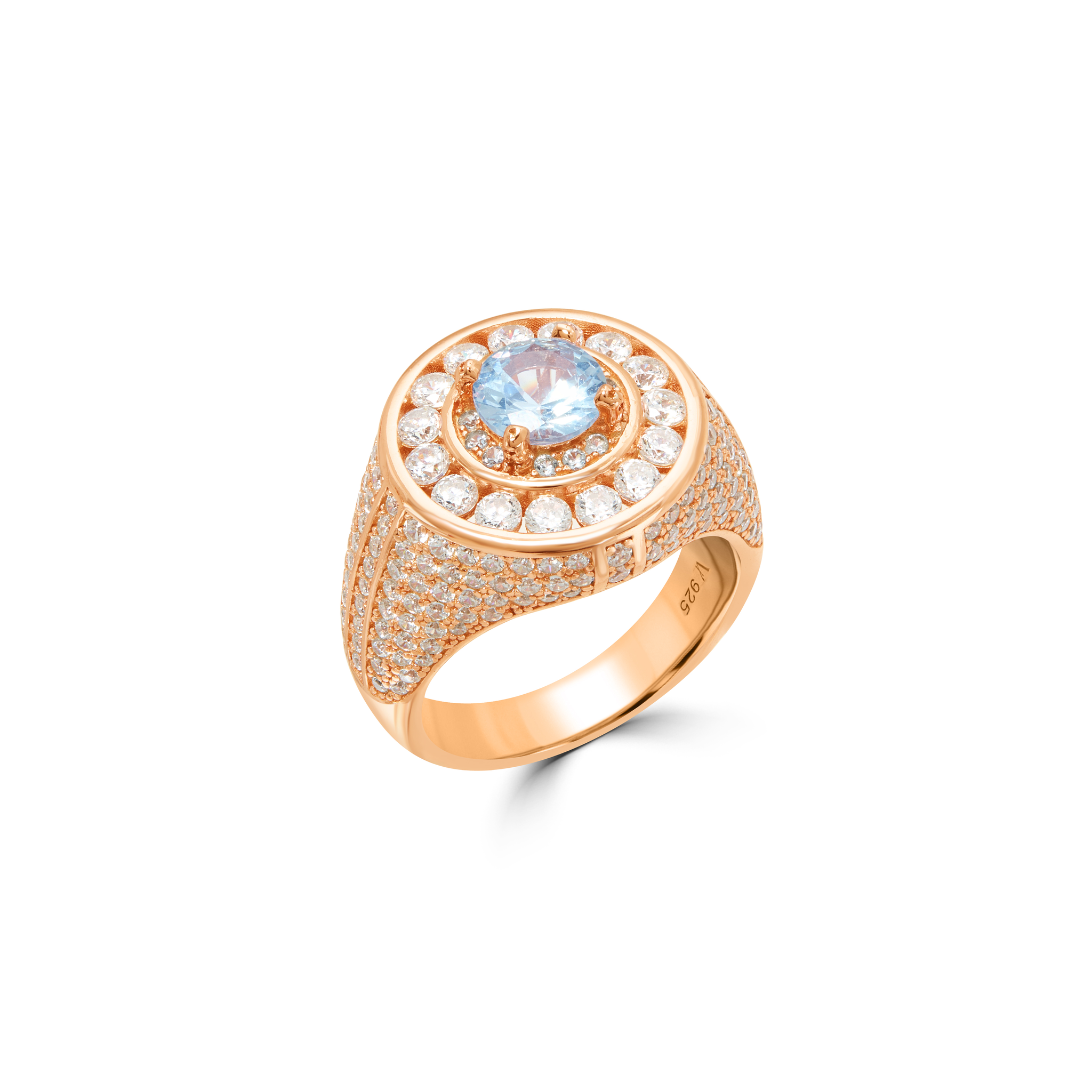 Men's Aqua Stone Halo Signet Ring - Rose Gold