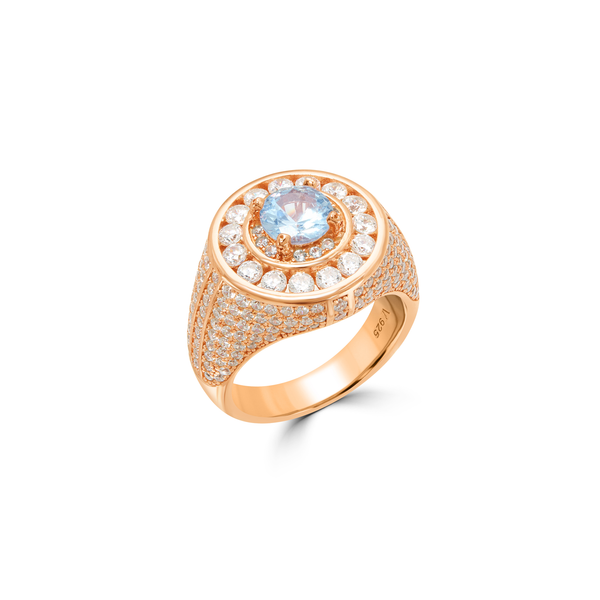 Men's Aqua Stone Halo Signet Ring - Rose Gold