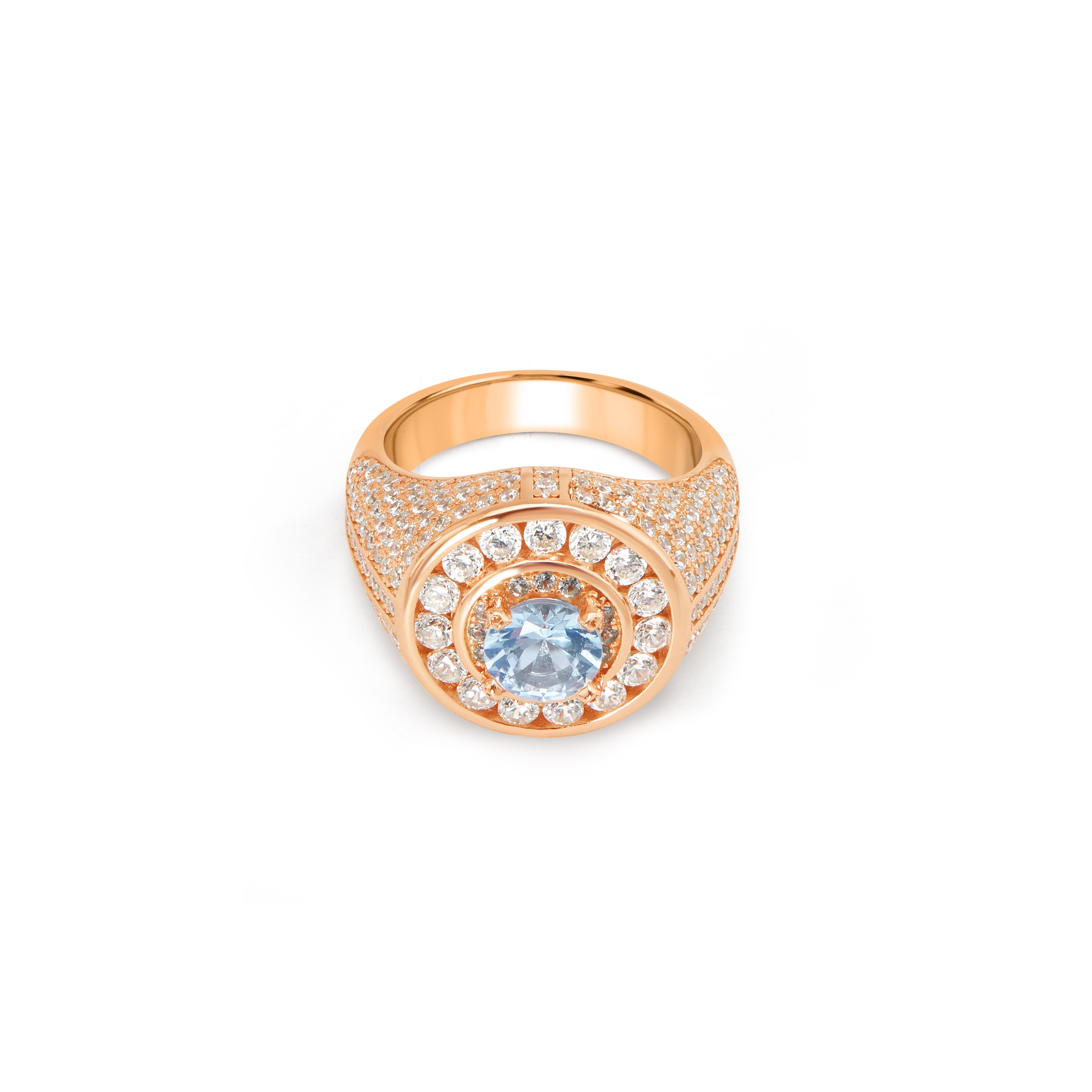 Men's Aqua Stone Halo Signet Ring - Rose Gold