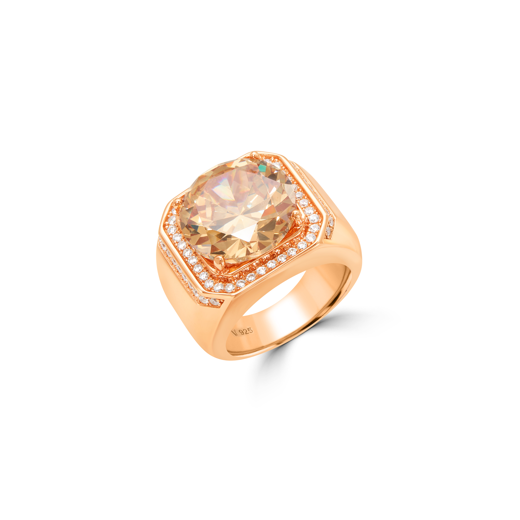 Men's Champagne Stone Halo Signet Ring - Rose Gold