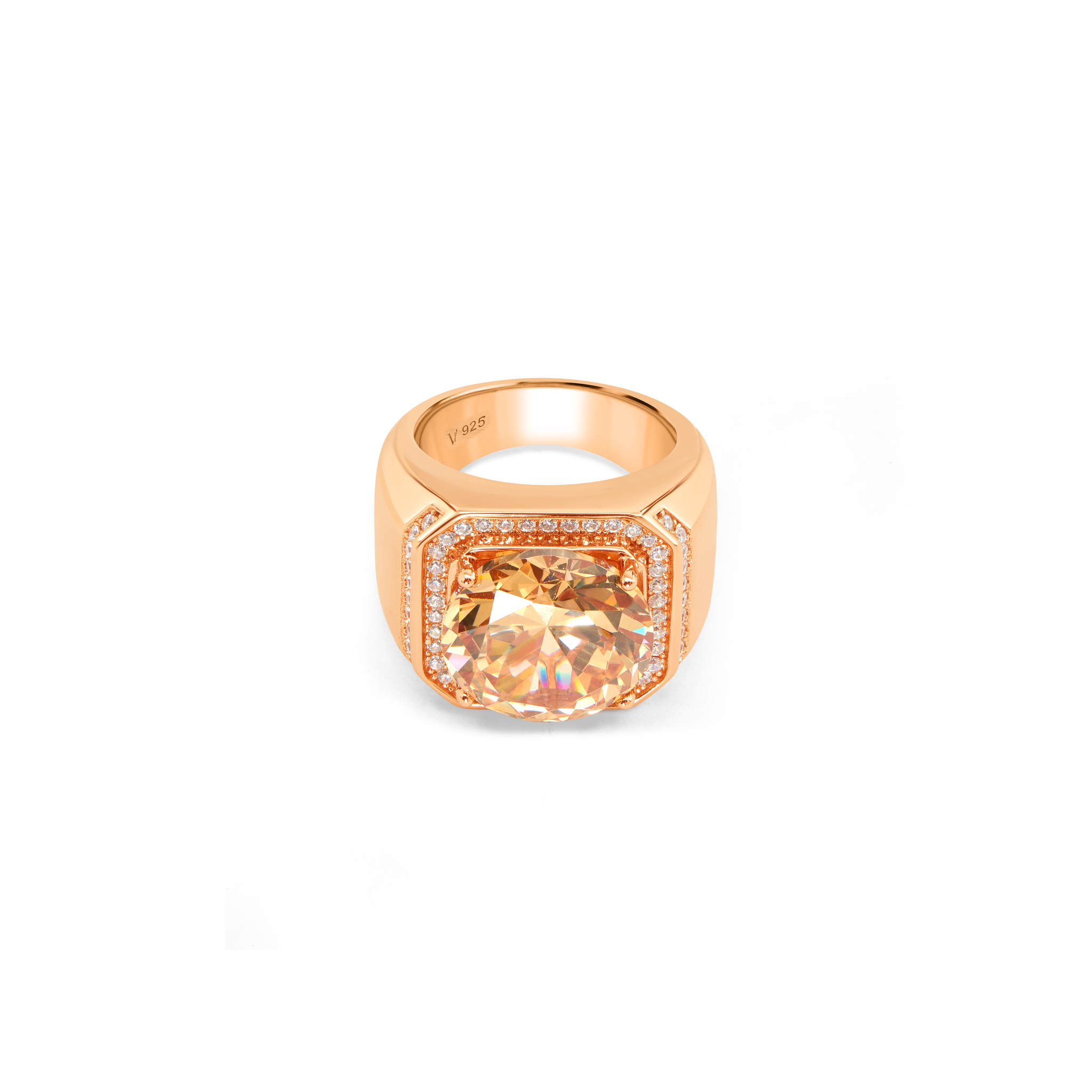 Men's Champagne Stone Halo Signet Ring - Rose Gold