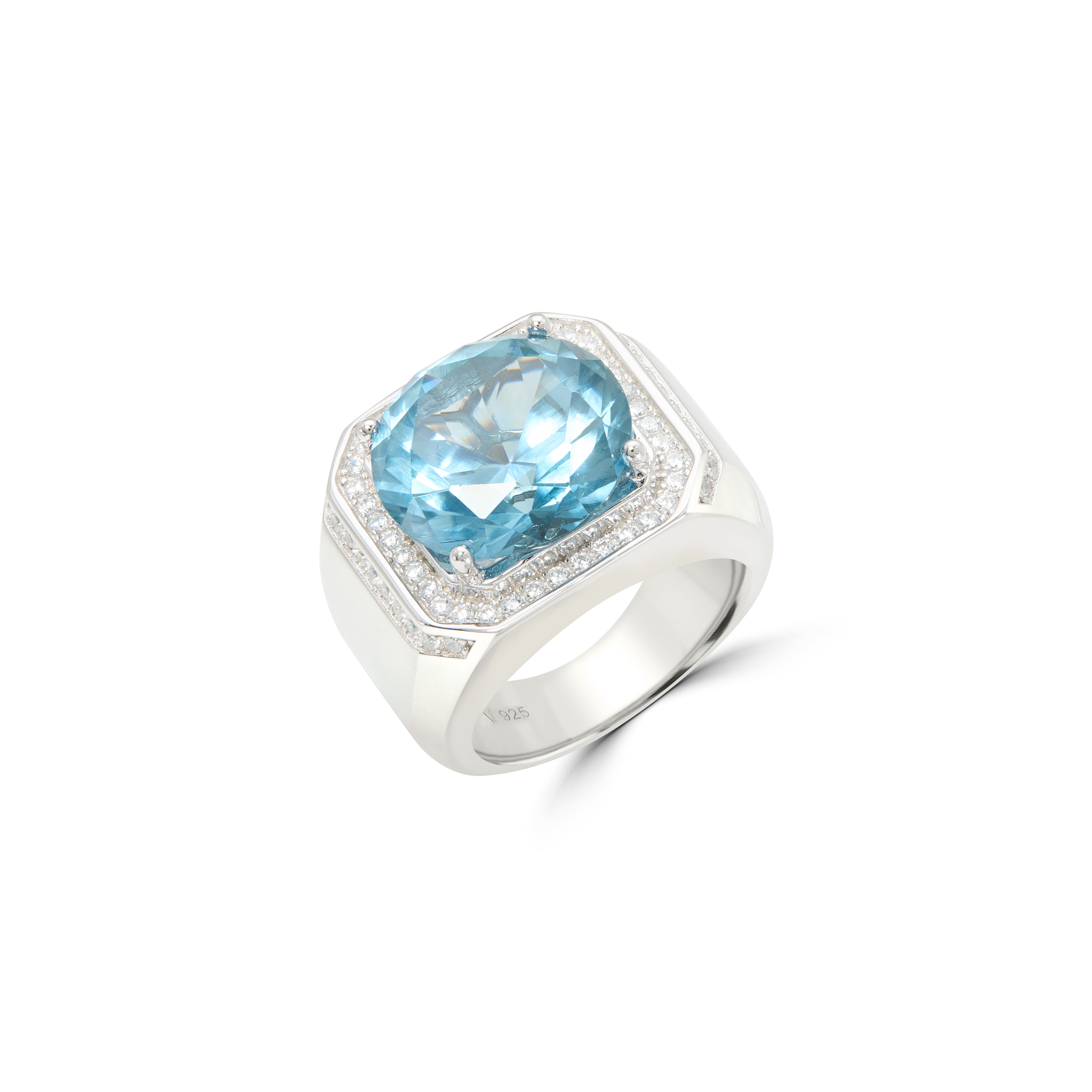 Men's Champagne Stone Halo Signet Ring - Silver