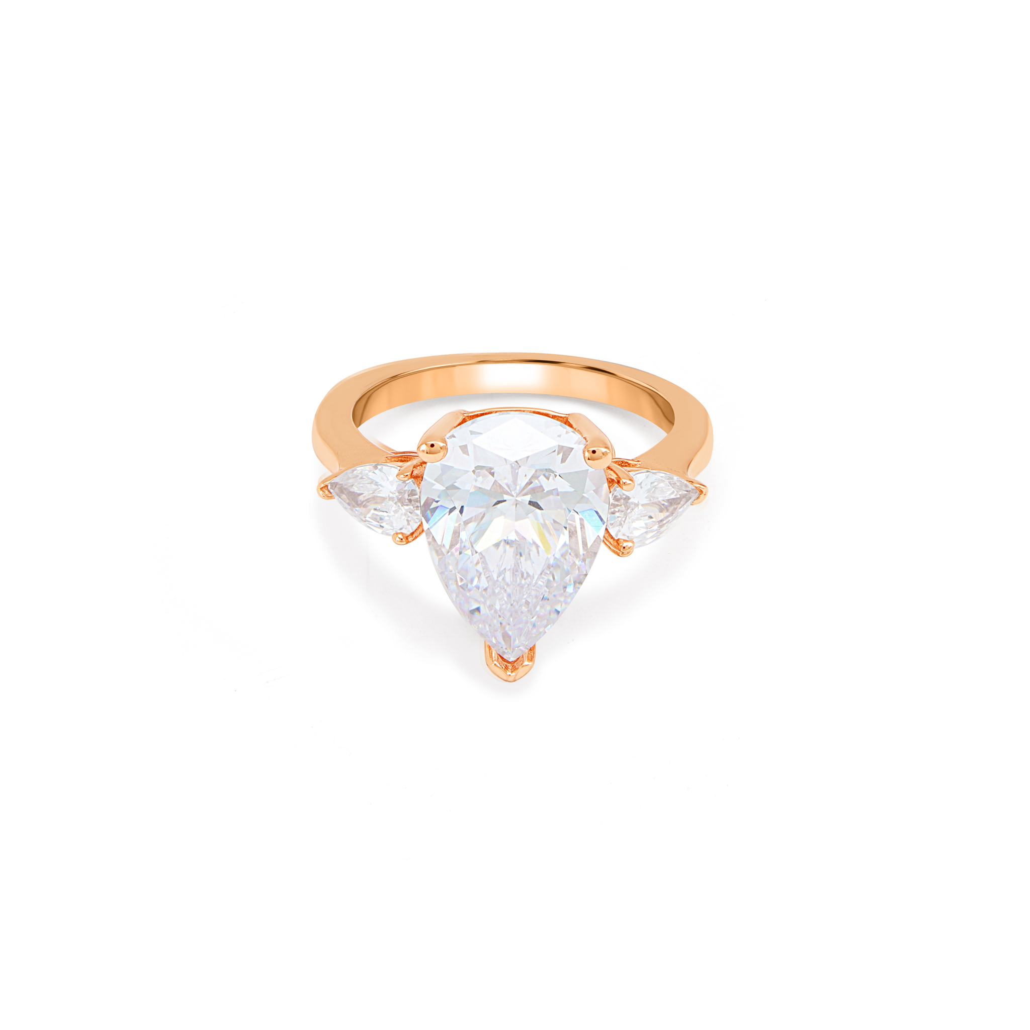 Blue Aqua Pear-Cut CZ Three-Stone Ring - Rose Gold