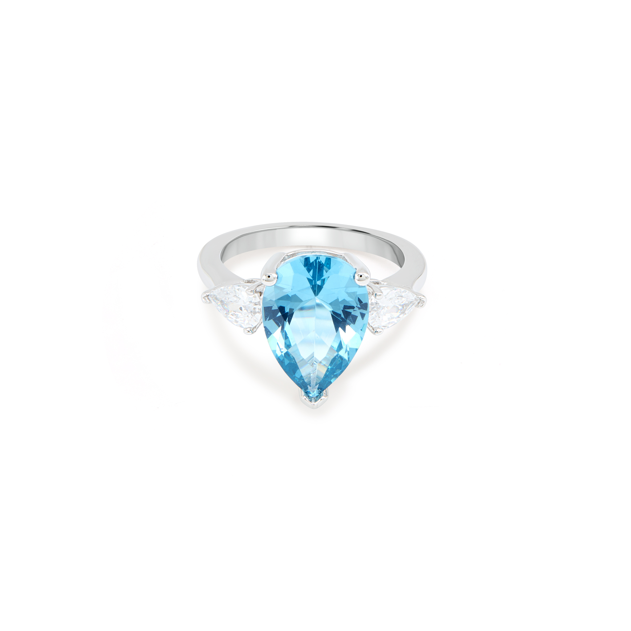 Blue Aqua Pear-Cut CZ Three-Stone Ring - Silver