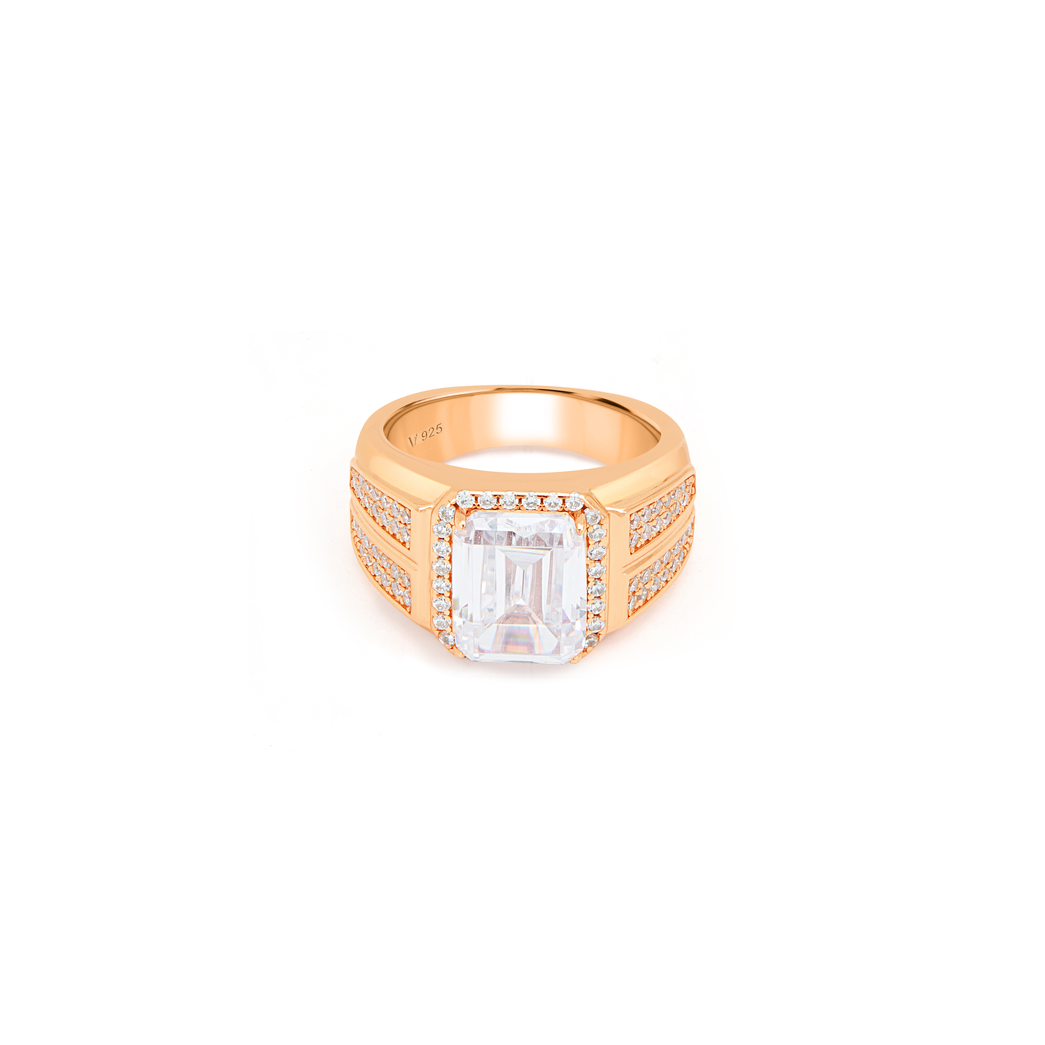 Men's Emerald-Cut Solitaire Halo Signet Ring - Rose Gold