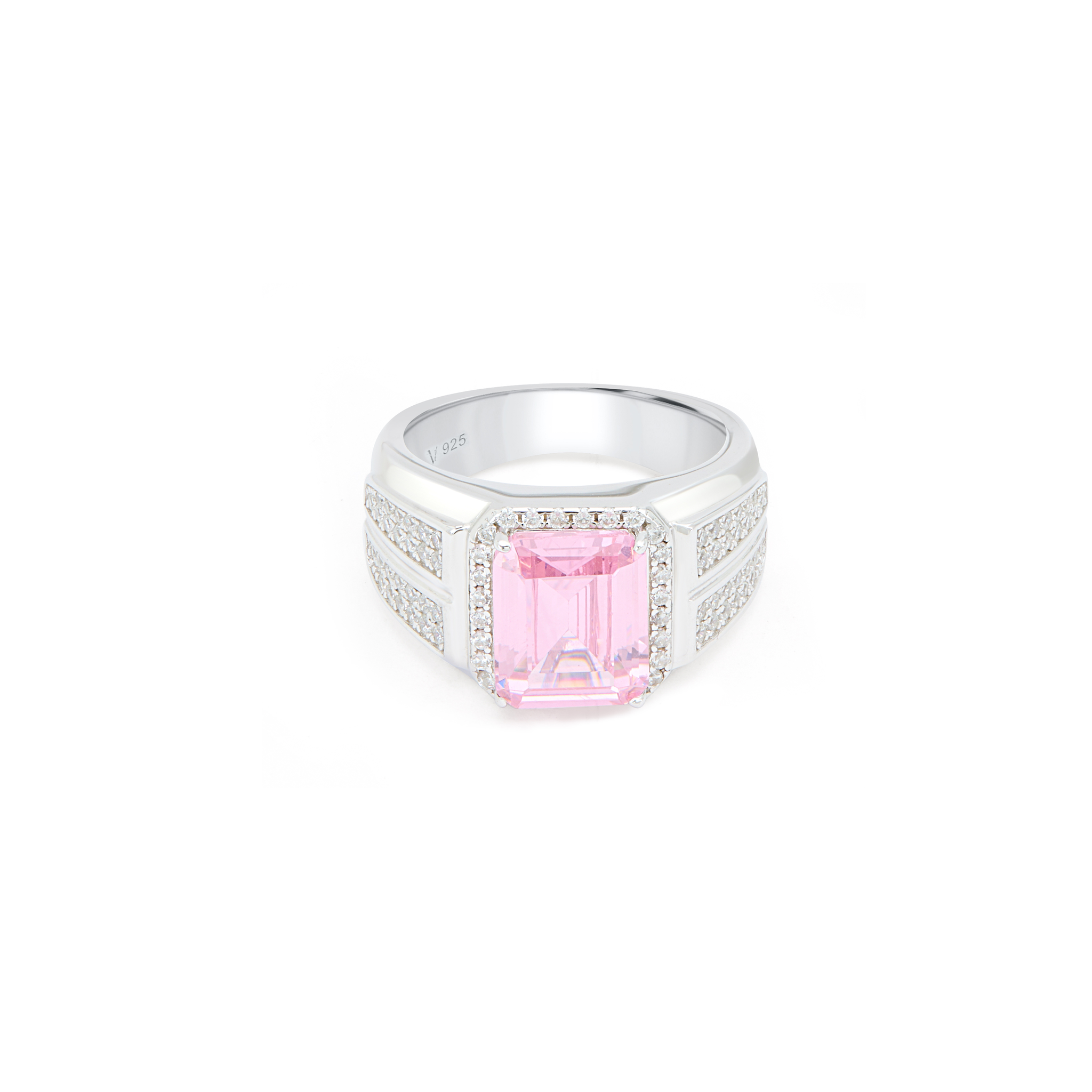 Men's Emerald-Cut Solitaire Halo Signet Ring - Silver
