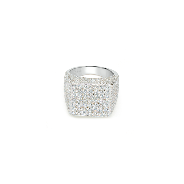 Men's Wide Square Flat-Top Full Pavé Ring - Silver