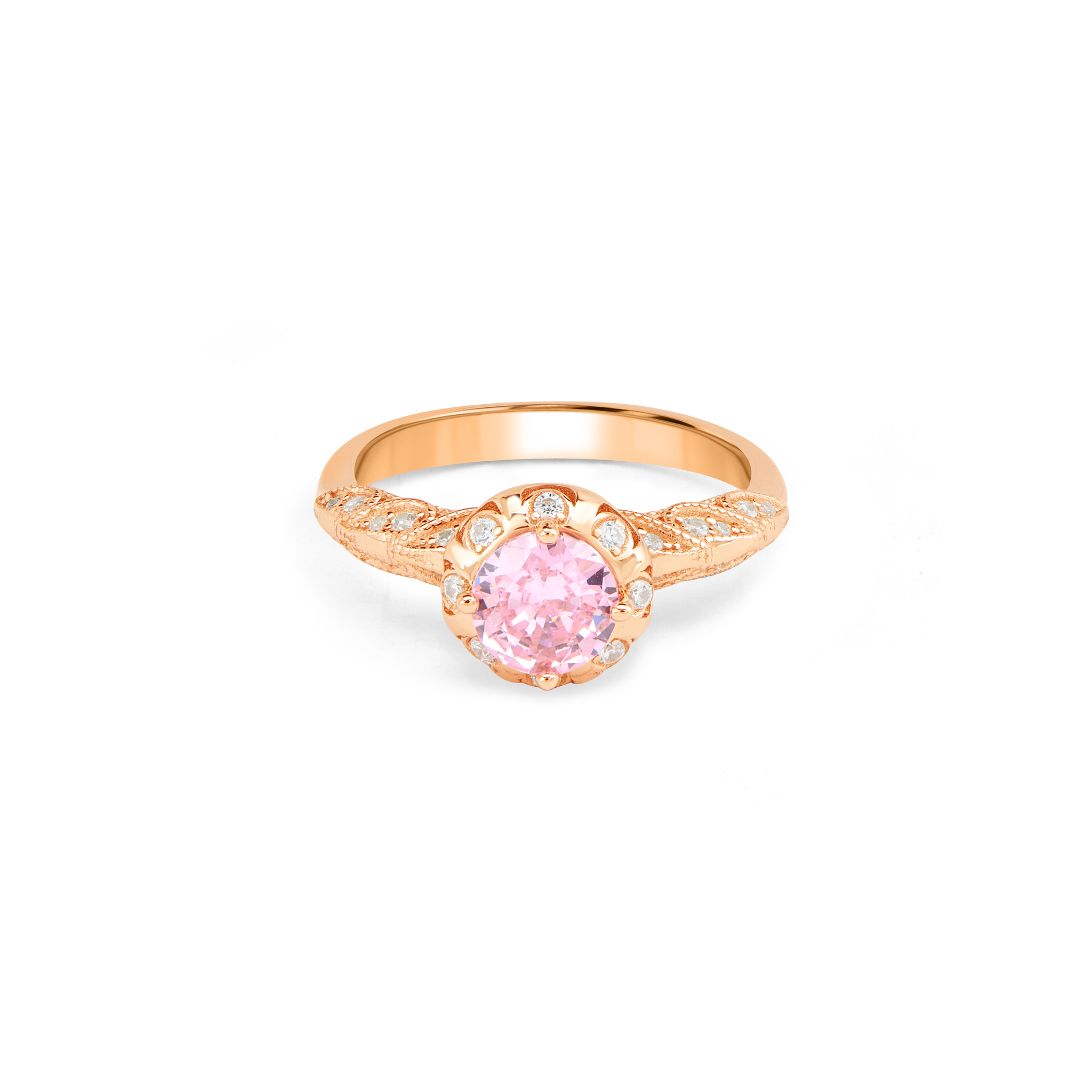 Blue Aqua CZ Floral Crown Solitaire Ring - Rose Gold