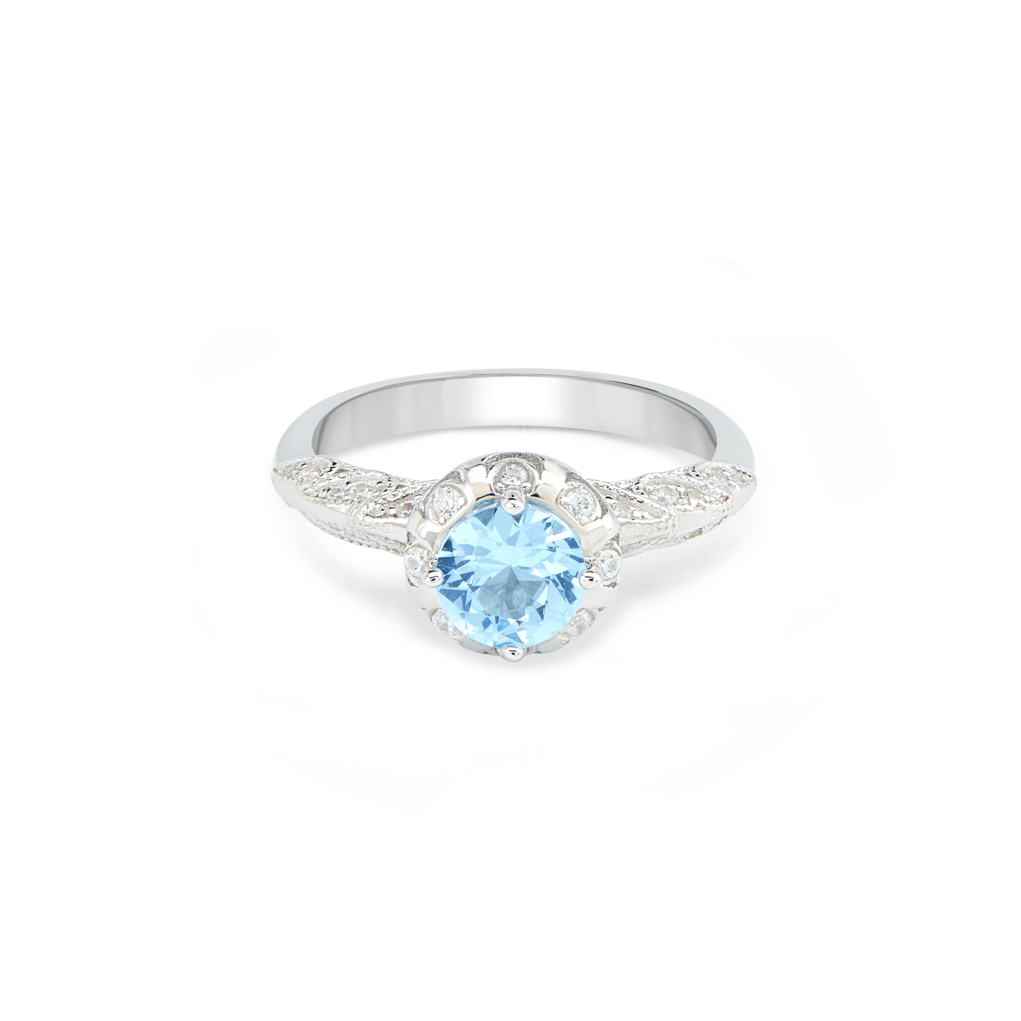 Blue Aqua CZ Floral Crown Solitaire Ring - Silver