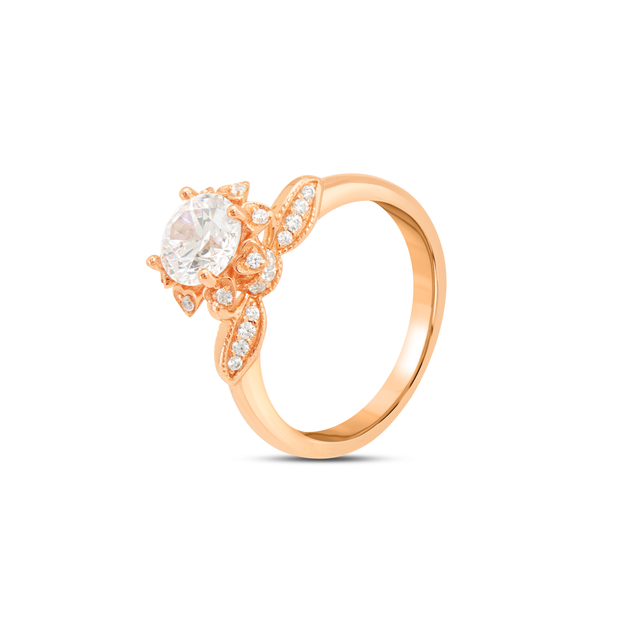 Blue Aqua CZ Leaf Wing Solitaire Ring - Rose Gold