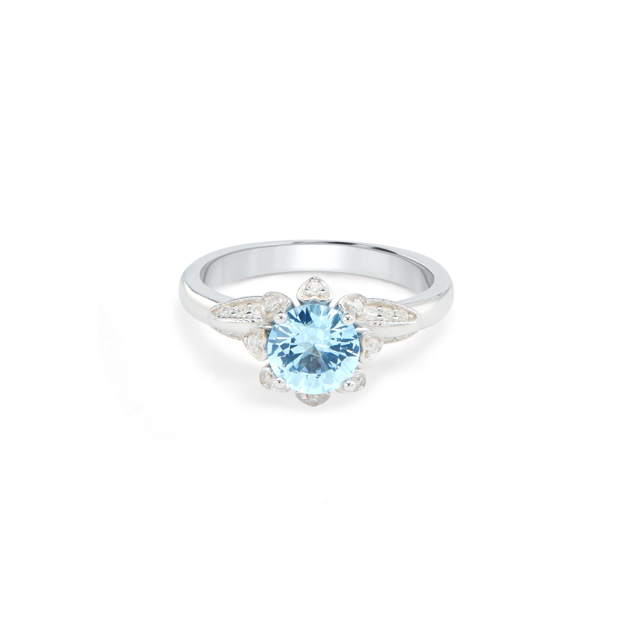 Blue Aqua CZ Leaf Wing Solitaire Ring - Silver