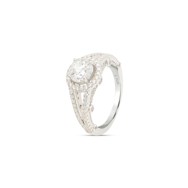 CZ Round Halo Ring with Filigree - Silver