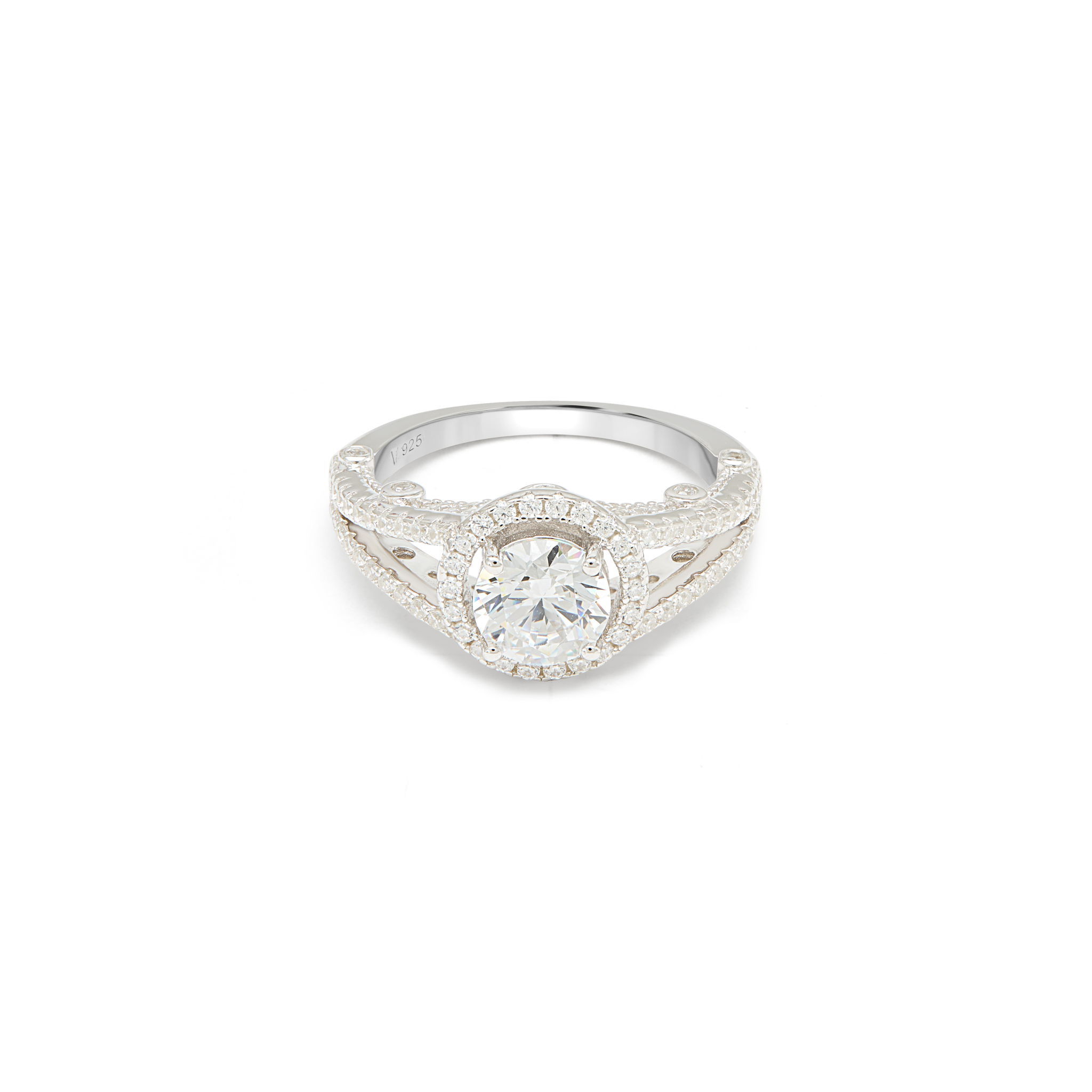 CZ Round Halo Ring with Filigree - Silver