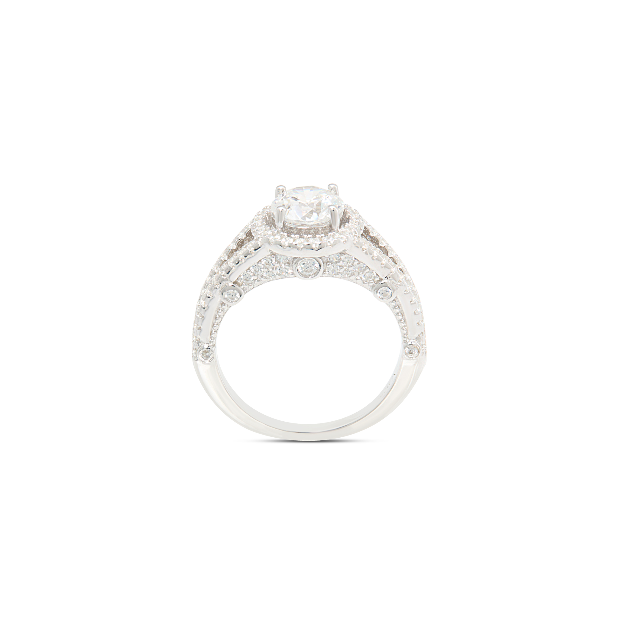 CZ Round Halo Ring with Filigree - Silver