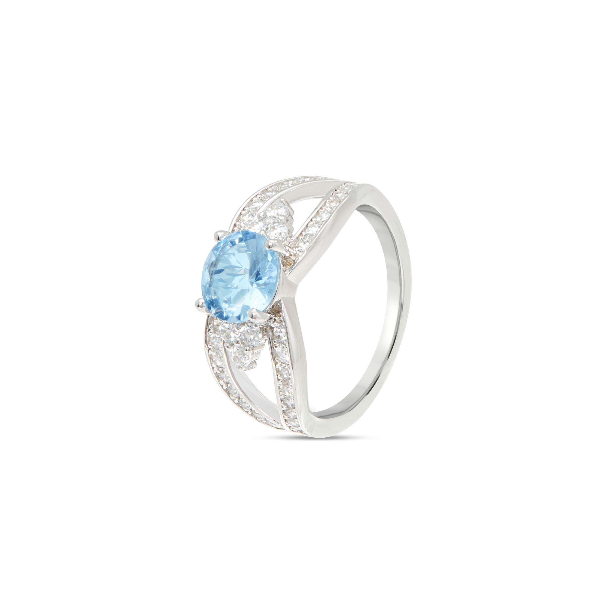 Blue Aqua CZ Ring with Open Split Bypass - Silver