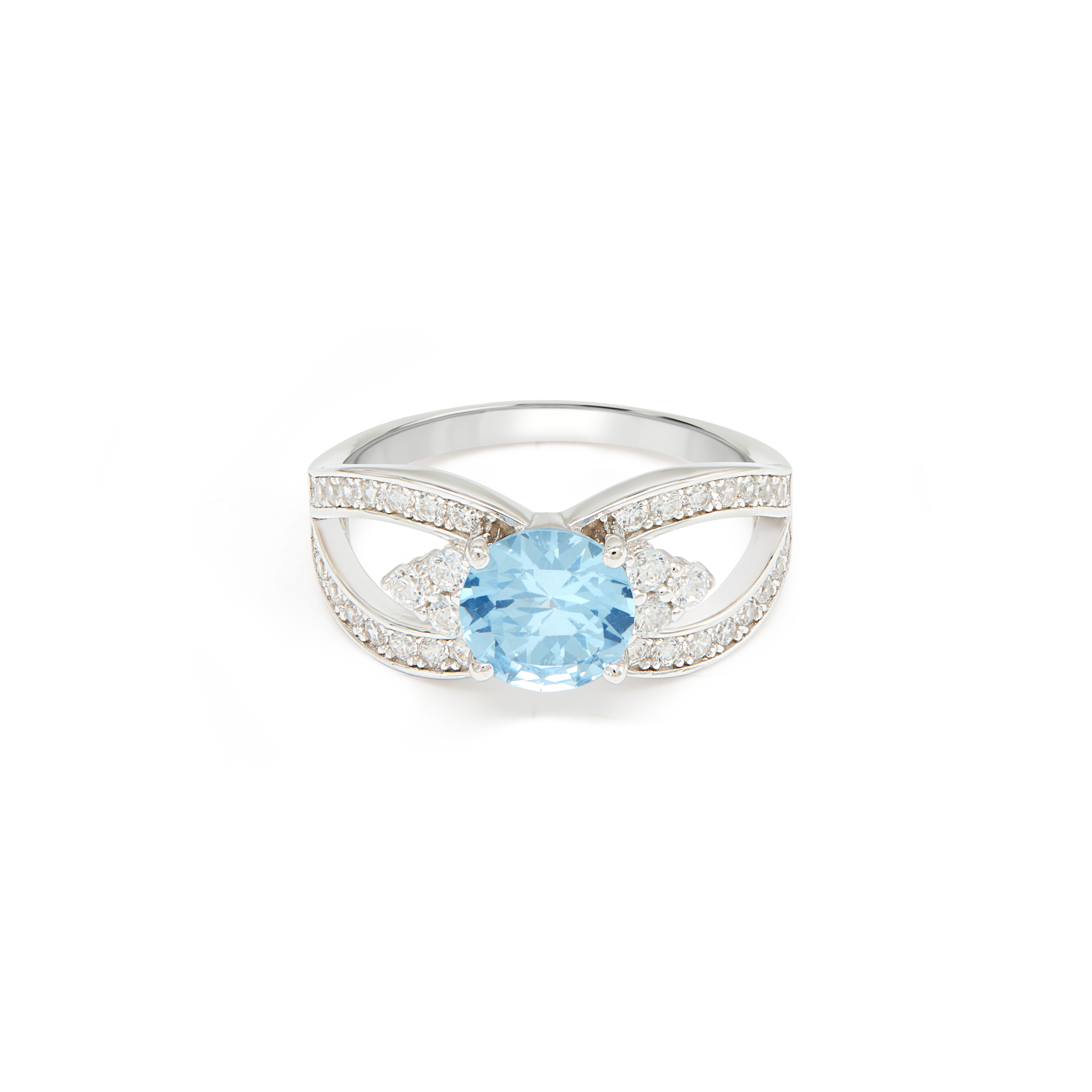 Blue Aqua CZ Ring with Open Split Bypass - Silver